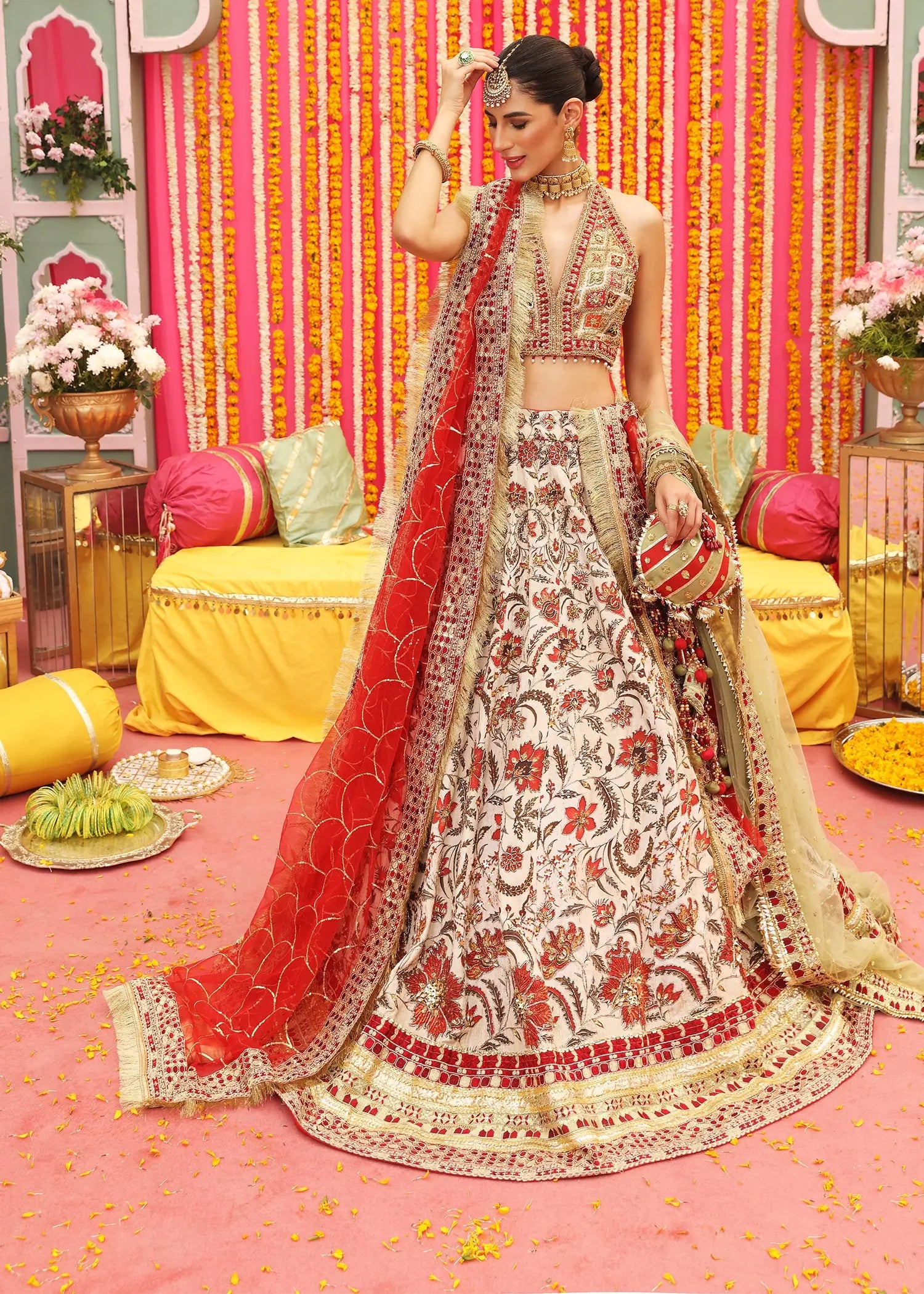 Ivory & Red Embellished Korean Raw Silk Lehenga Choli (3-Piece) - Image 7