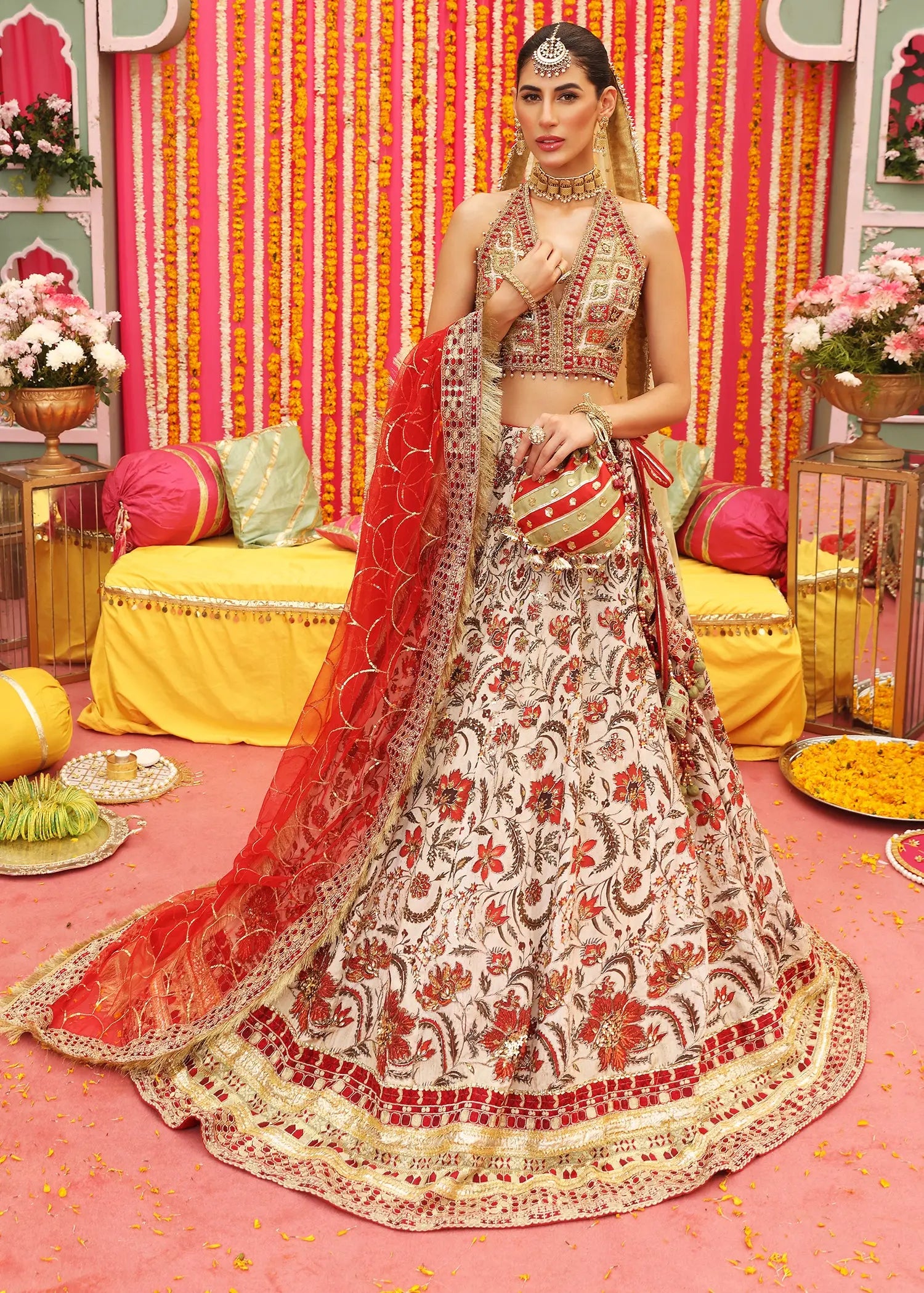 Ivory & Red Embellished Korean Raw Silk Lehenga Choli (3-Piece) - Image 9