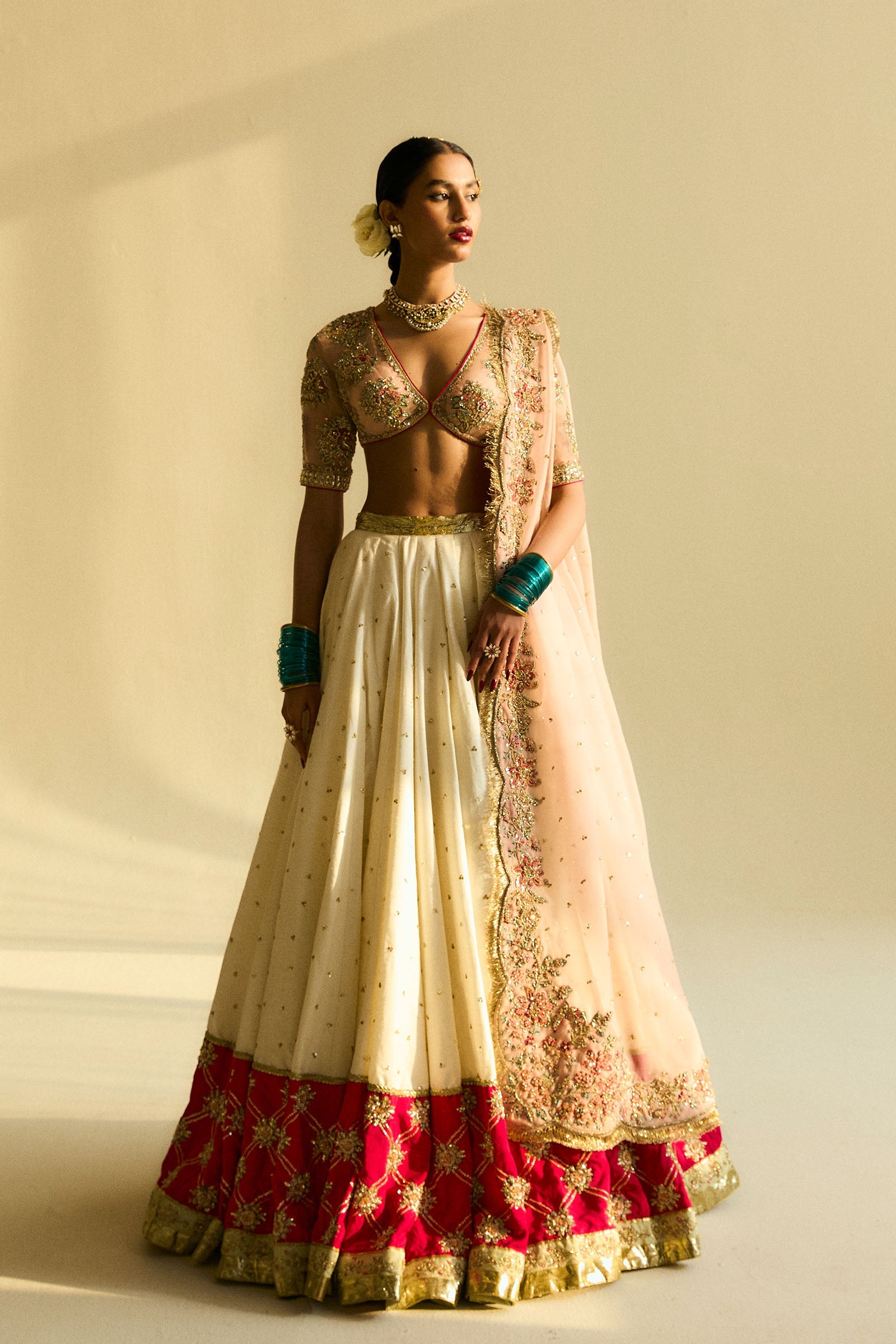 Pakistani Ivory & Blush Embroidered Organza Raw Silk Lehenga (3-Piece) - Image 1