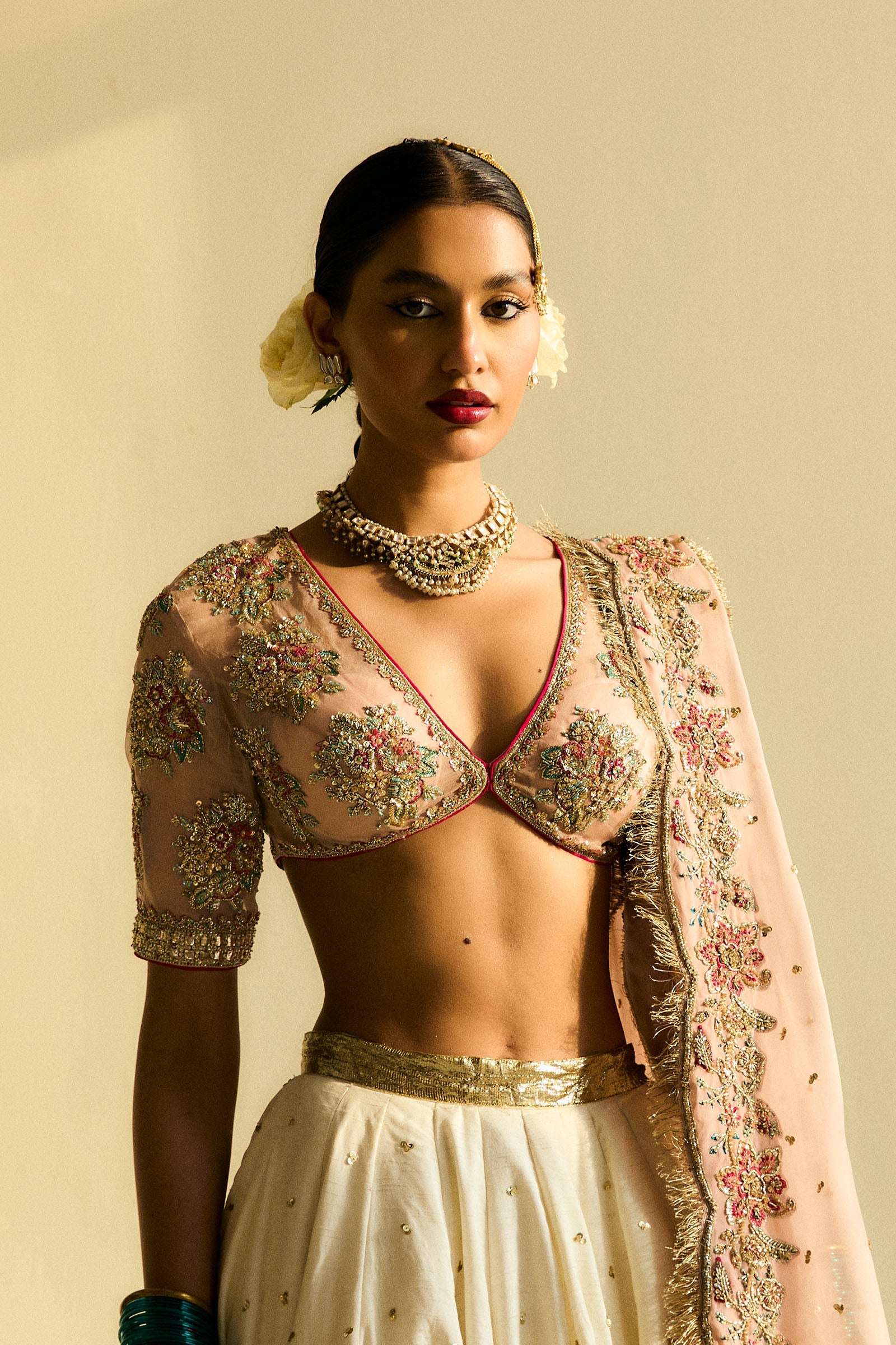 Pakistani Ivory & Blush Embroidered Organza Raw Silk Lehenga (3-Piece) - Image 2