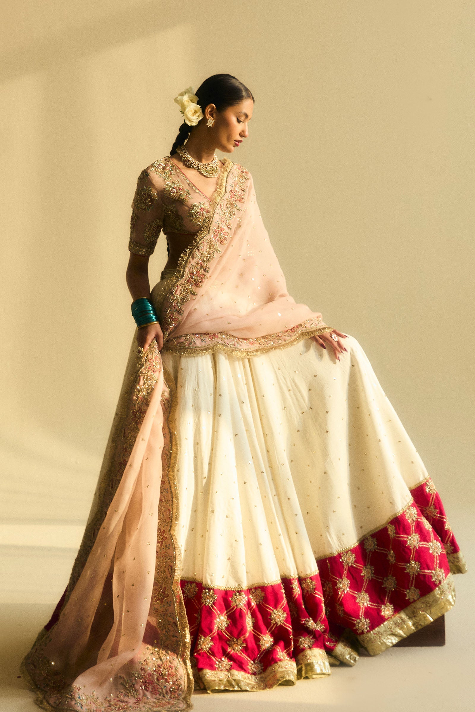 Pakistani Ivory & Blush Embroidered Organza Raw Silk Lehenga (3-Piece) - Image 3