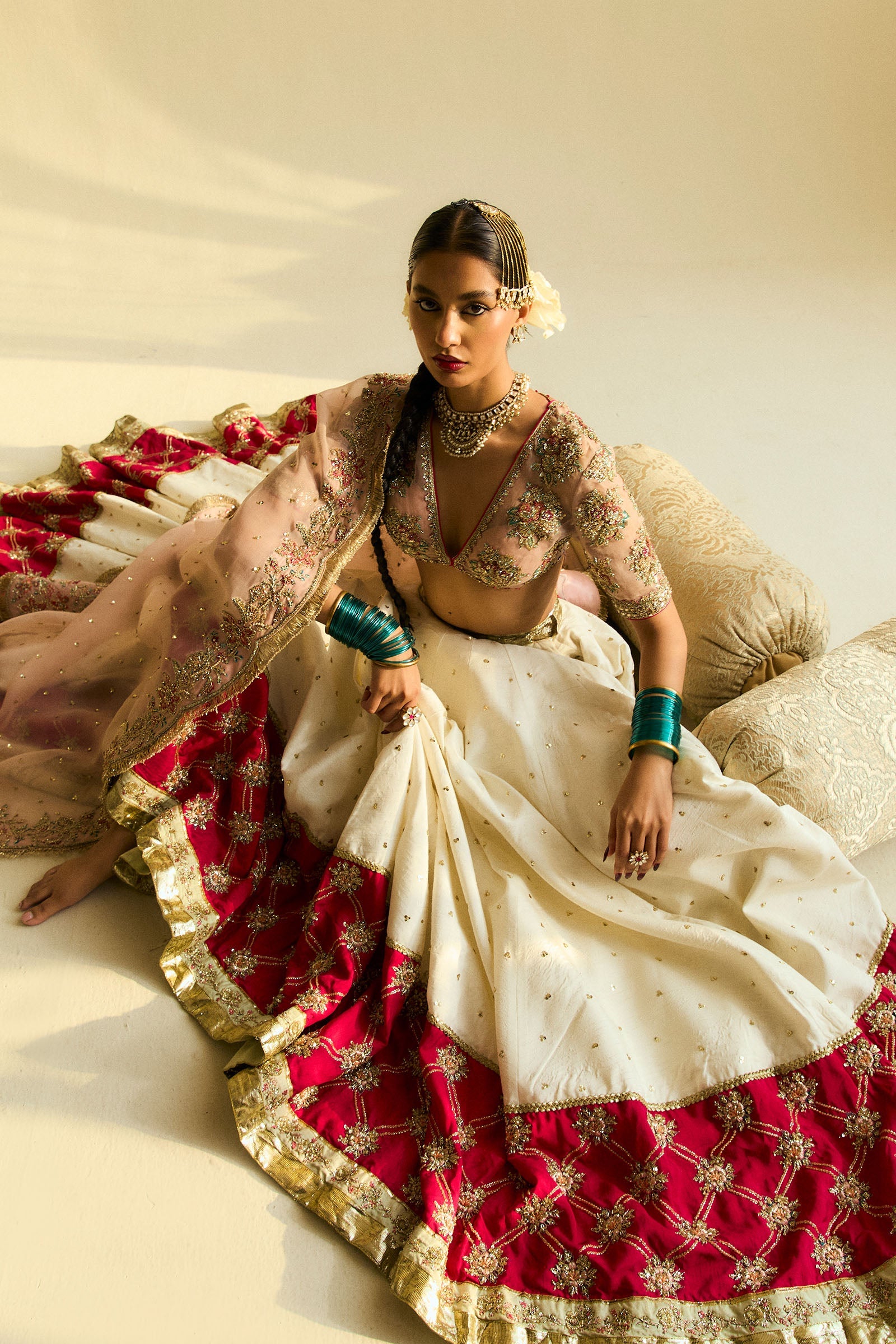 Pakistani Ivory & Blush Embroidered Organza Raw Silk Lehenga (3-Piece) - Image 4