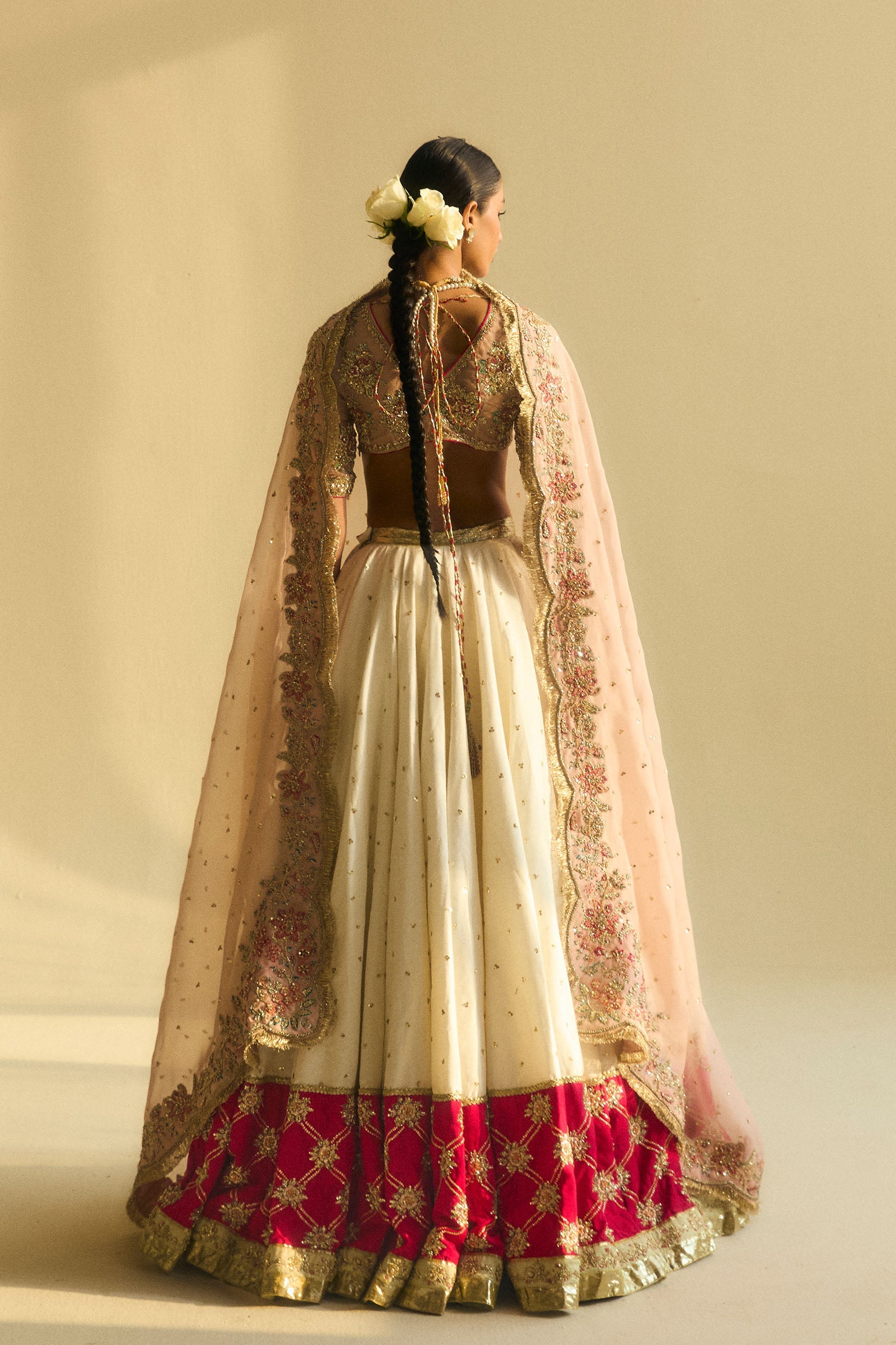 Pakistani Ivory & Blush Embroidered Organza Raw Silk Lehenga (3-Piece) - Image 5