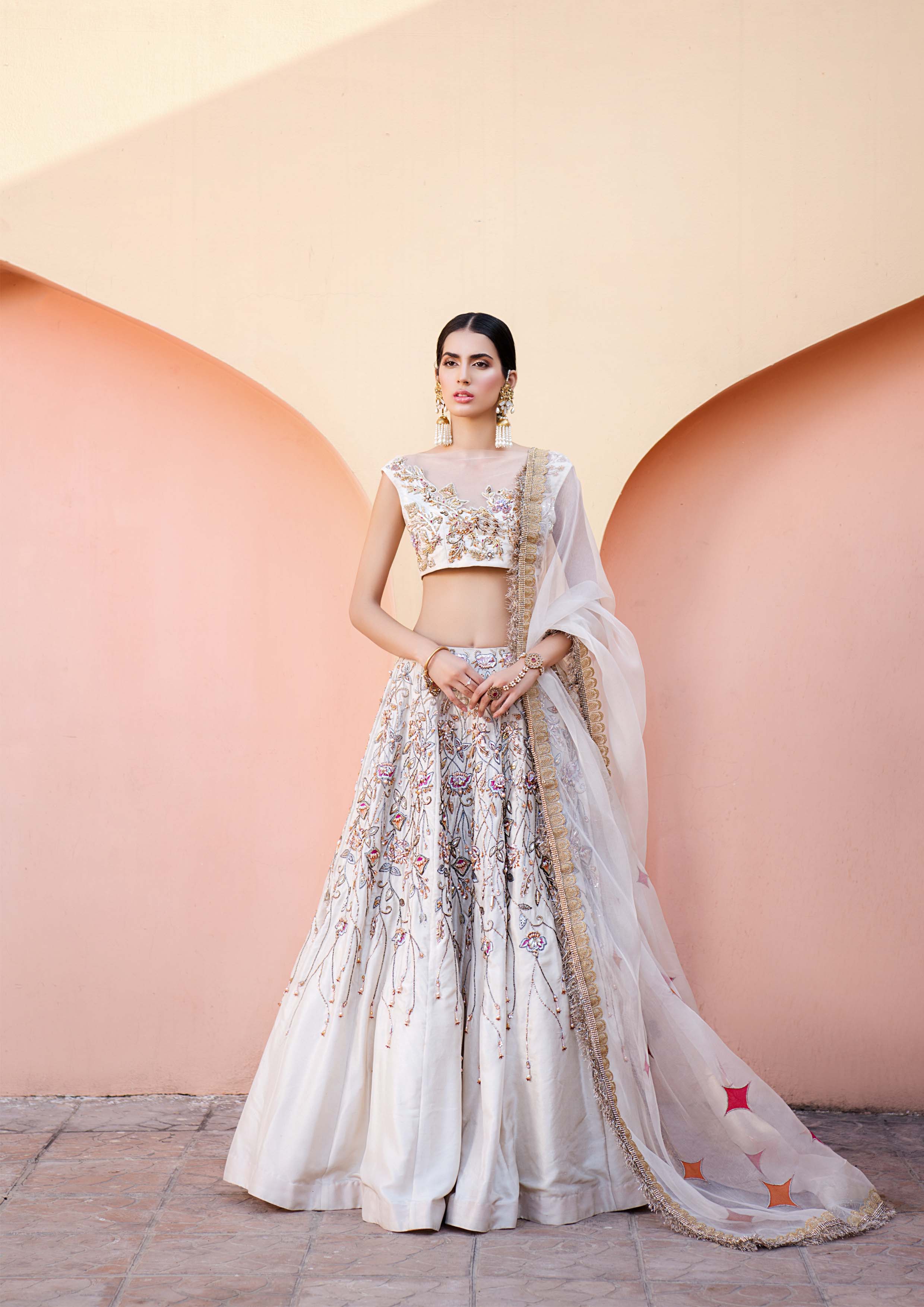Pakistani Ivory Embellished Raw Silk Lehenga Choli (3-Piece) - Image 1