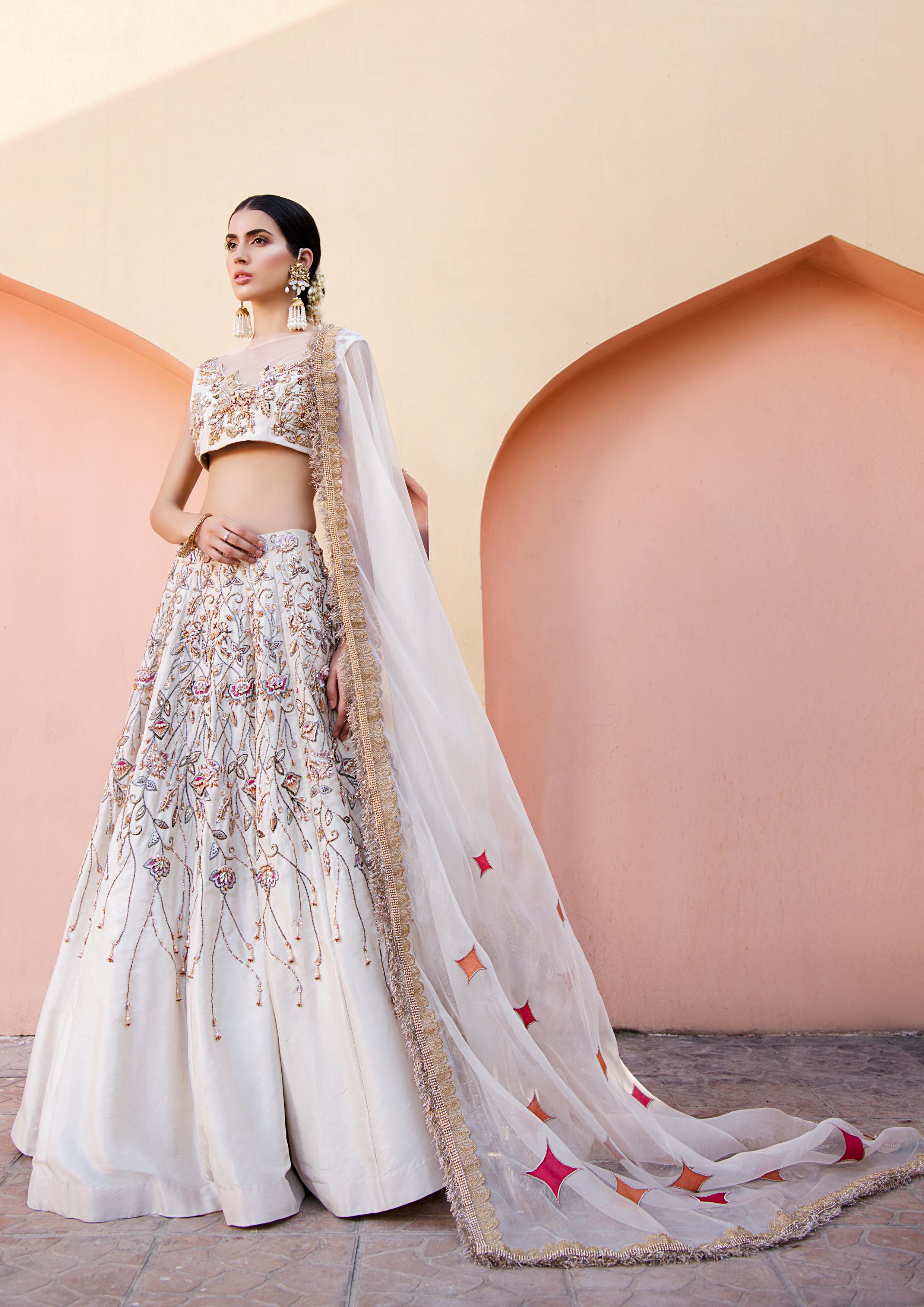 Pakistani Ivory Embellished Raw Silk Lehenga Choli (3-Piece) - Image 2