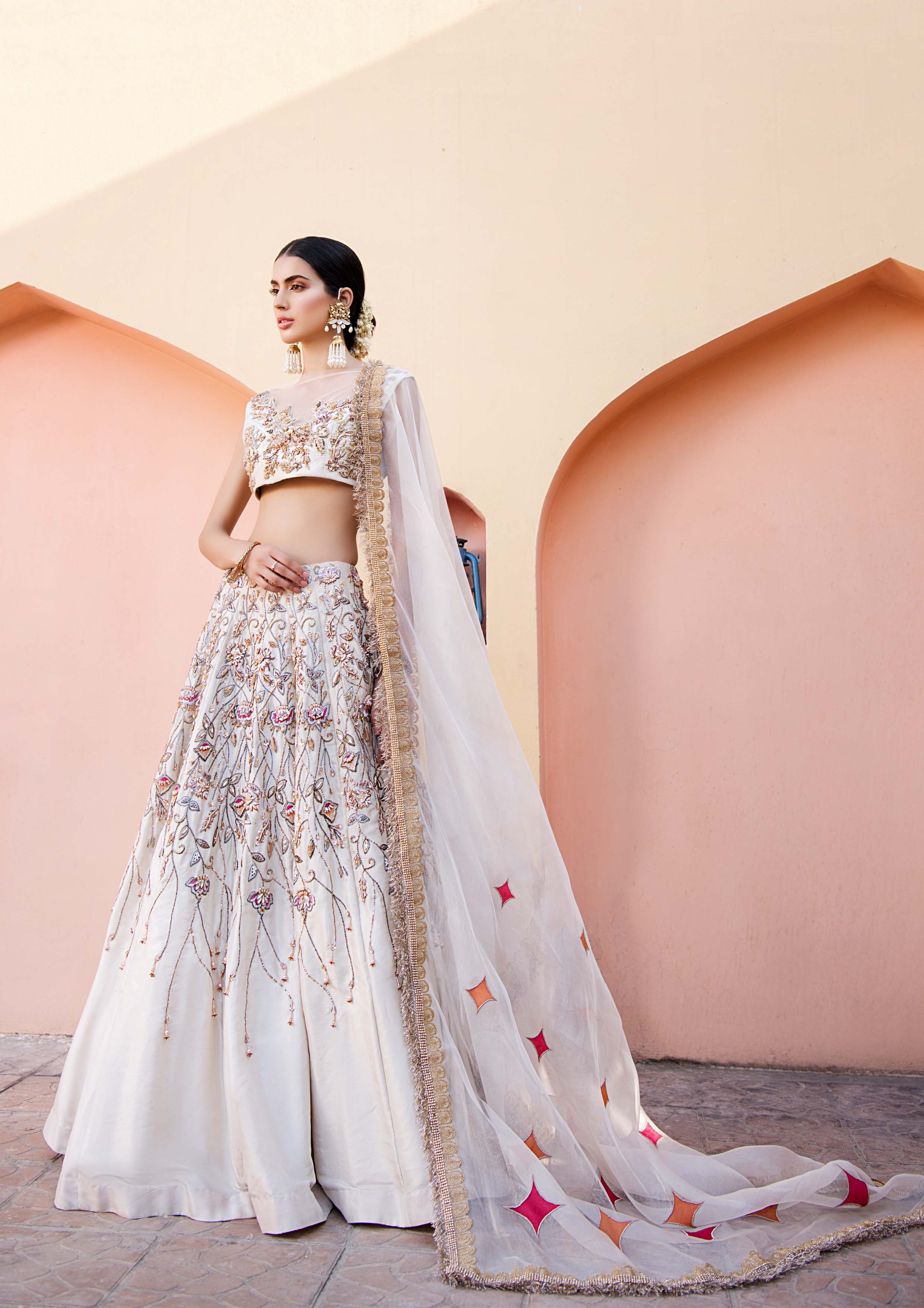 Pakistani Ivory Embellished Raw Silk Lehenga Choli (3-Piece) - Image 4