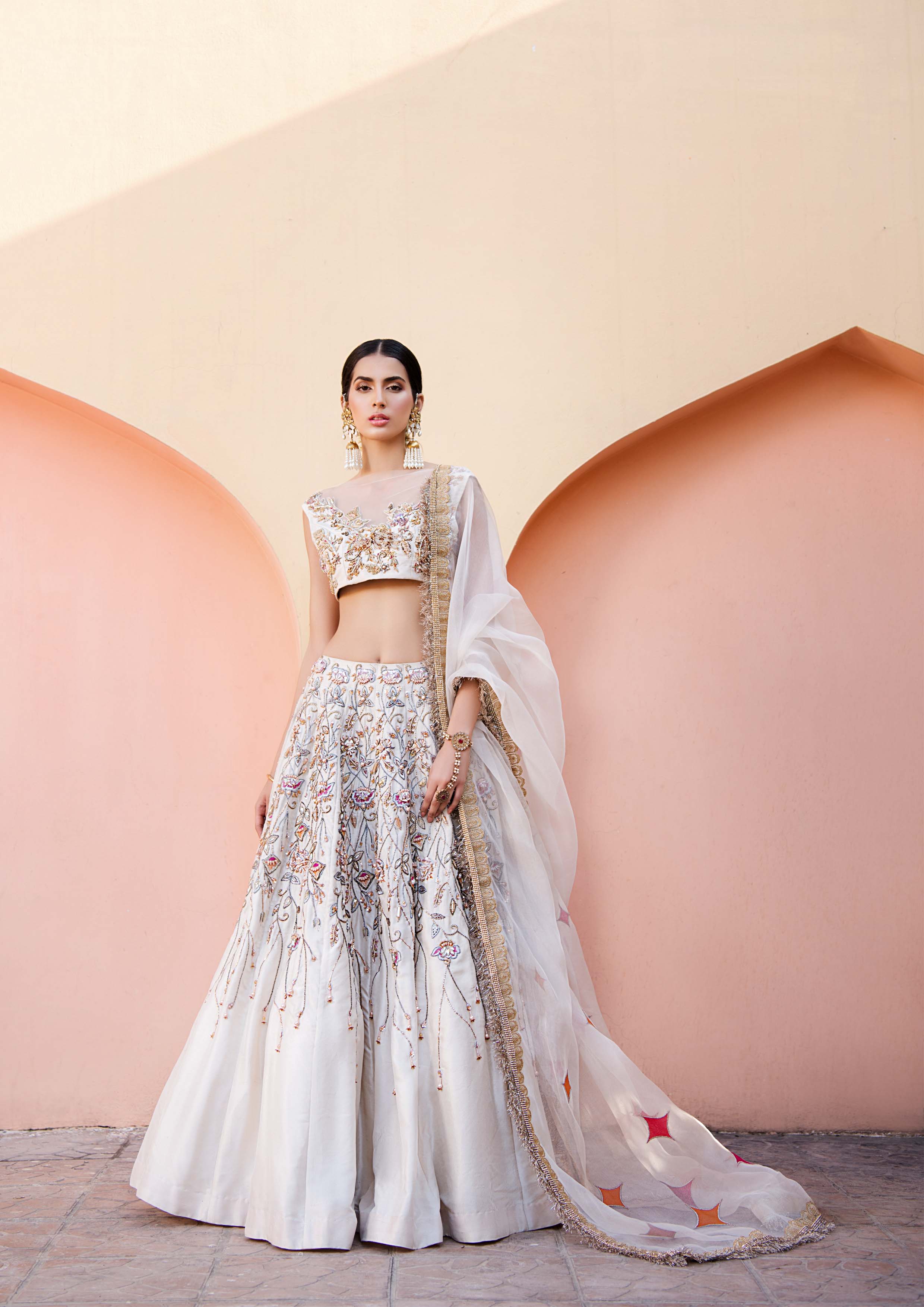 Ivory Embellished Raw Silk Lehenga Set (3-Piece) - Image 3
