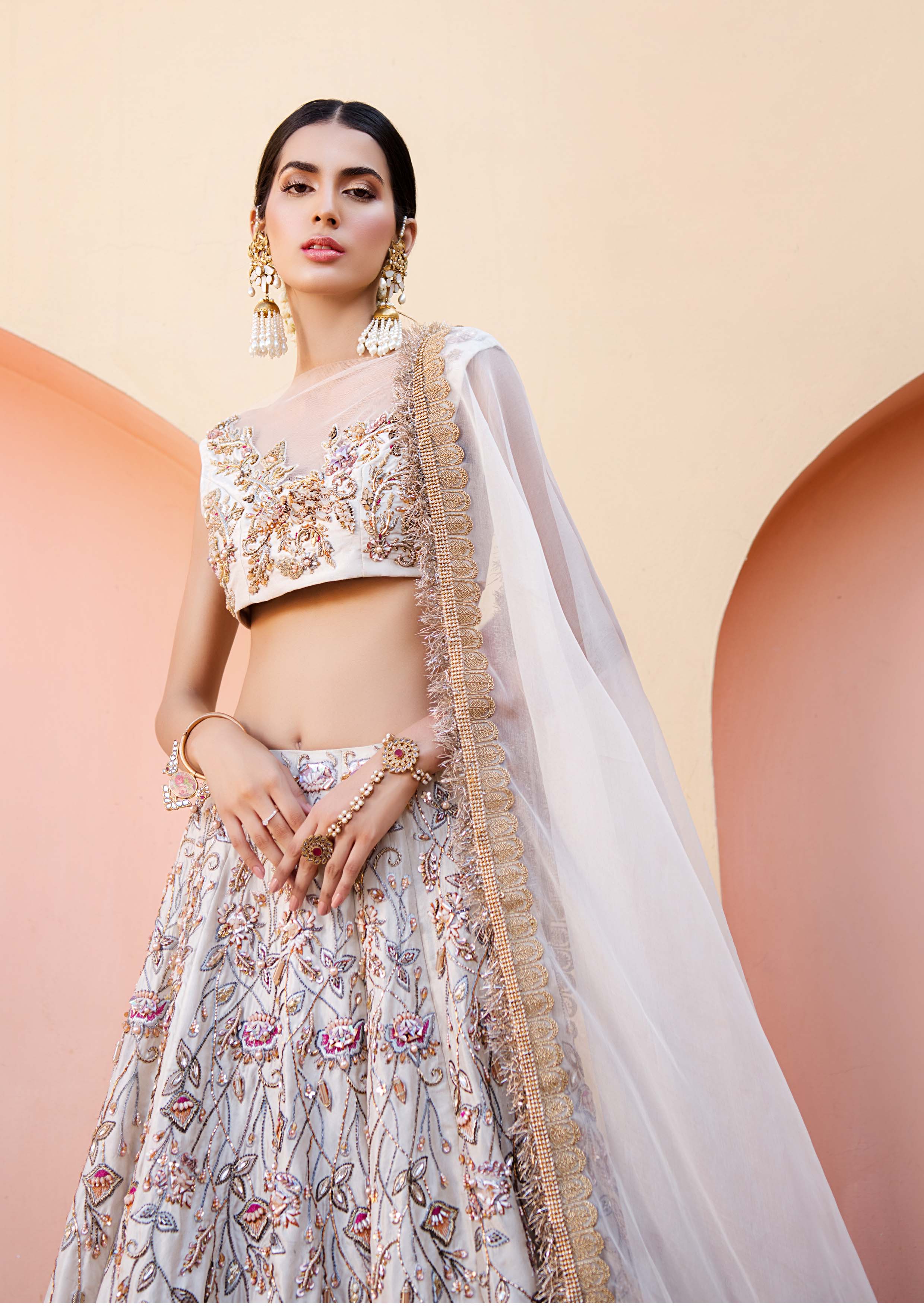 Ivory Embellished Raw Silk Lehenga Set (3-Piece) - Image 5