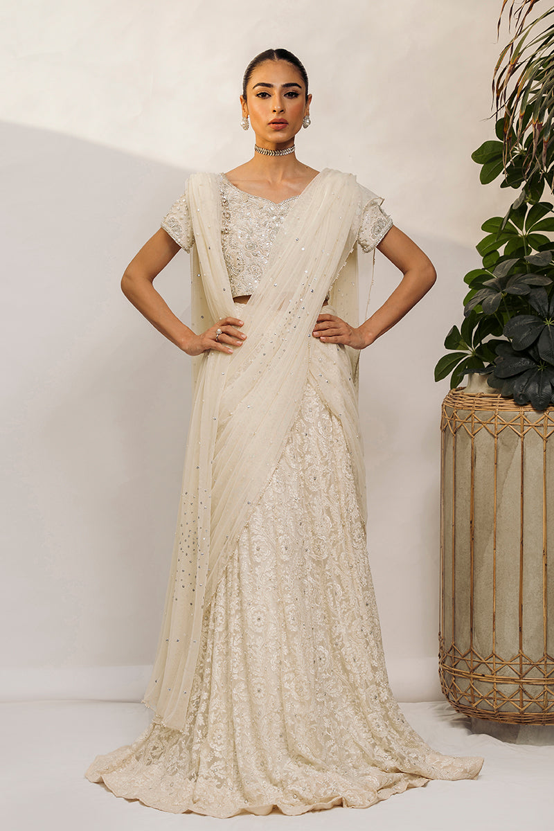 Ivory Hand-Embellished Raw Silk Lehnga Choli (3-Piece) - Image 1