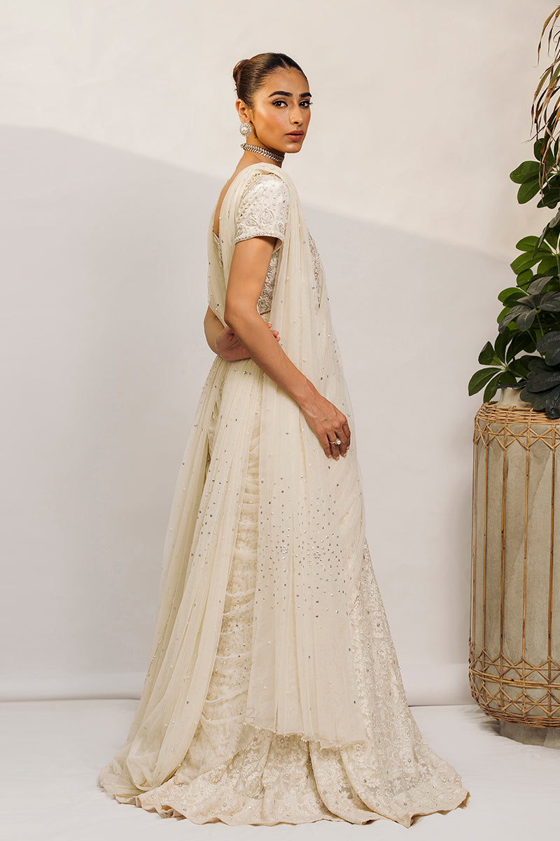 Ivory Hand-Embellished Raw Silk Lehnga Choli (3-Piece) - Image 2