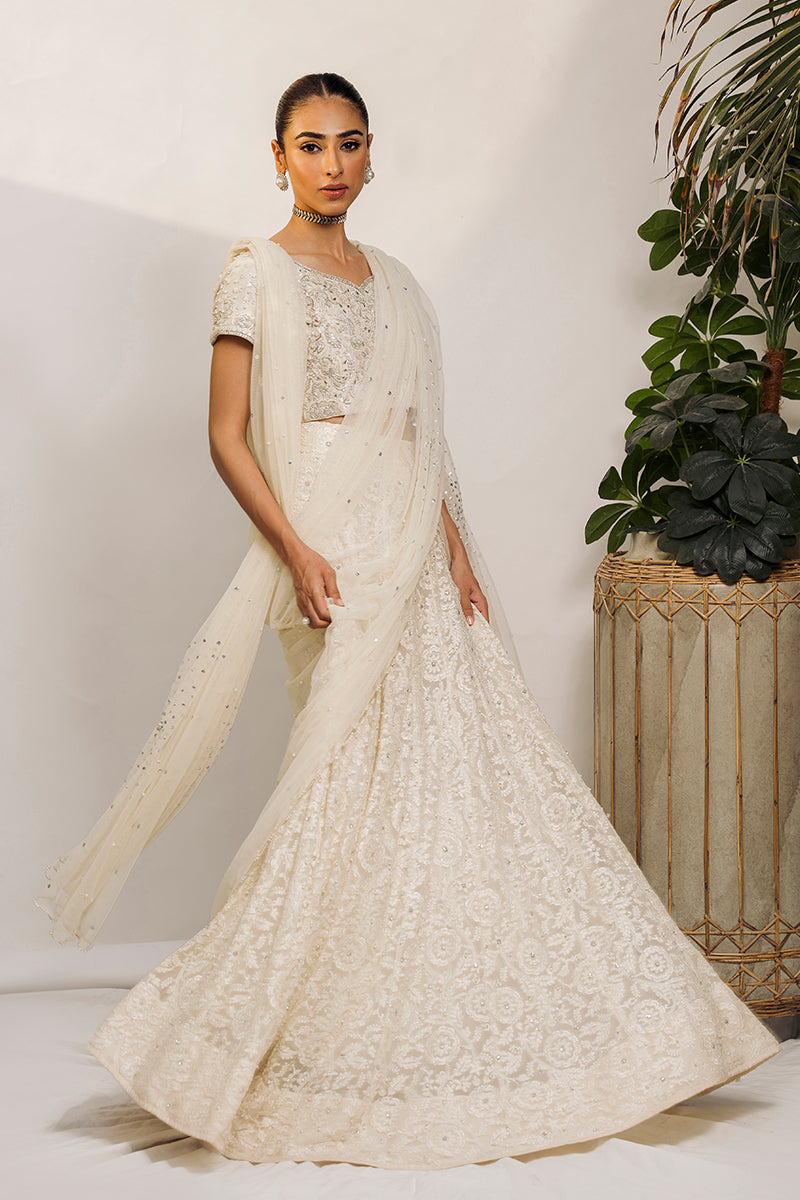 Ivory Hand-Embellished Raw Silk Lehnga Choli (3-Piece) - Image 3