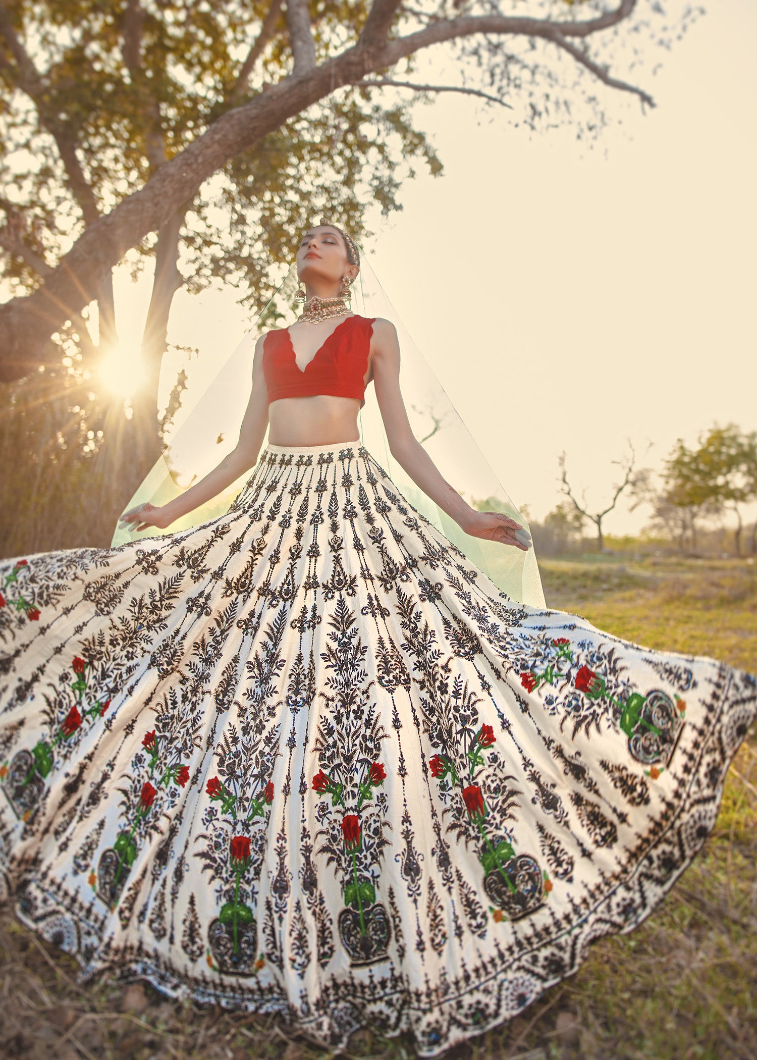 Pakistani Ivory Embellished Raw Silk Lehenga (3-Piece) - Image 1