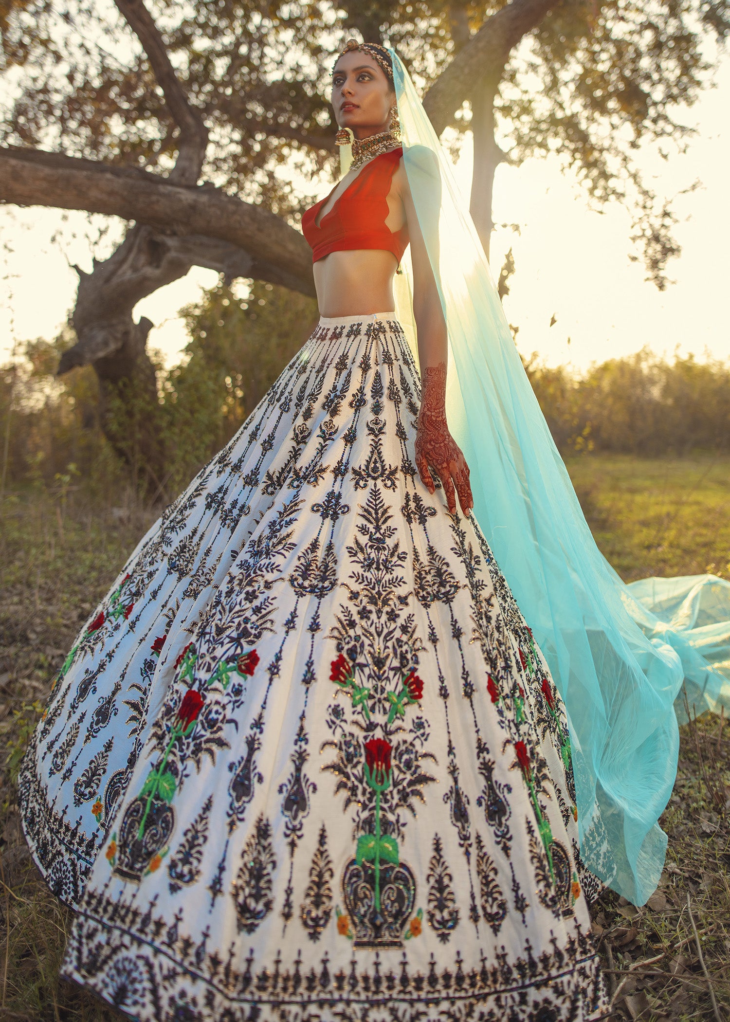 Pakistani Ivory Embellished Raw Silk Lehenga (3-Piece) - Image 2