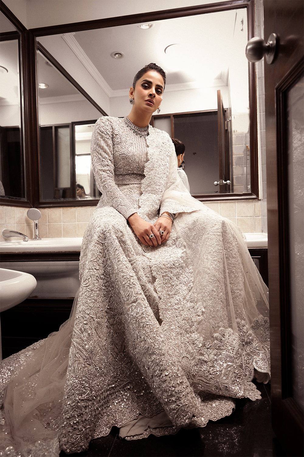 Egg White Swarovski Embellished Raw Silk Lehenga (3-Piece) - Image 5