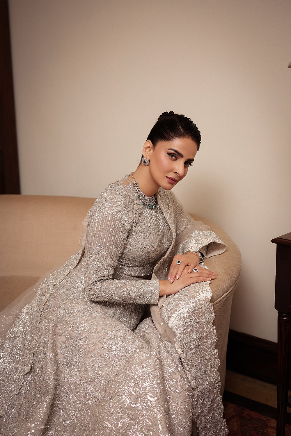 Egg White Swarovski Embellished Raw Silk Lehenga (3-Piece) - Image 7