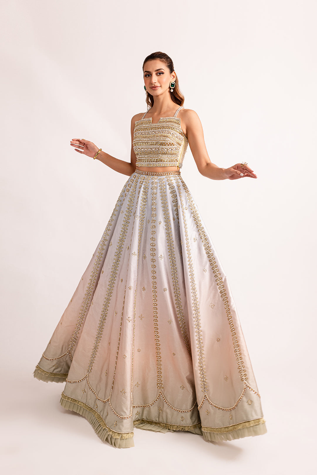 Blush to Ivory Ombré Embroidered Raw Silk Lehenga (3-Piece) - Image 3