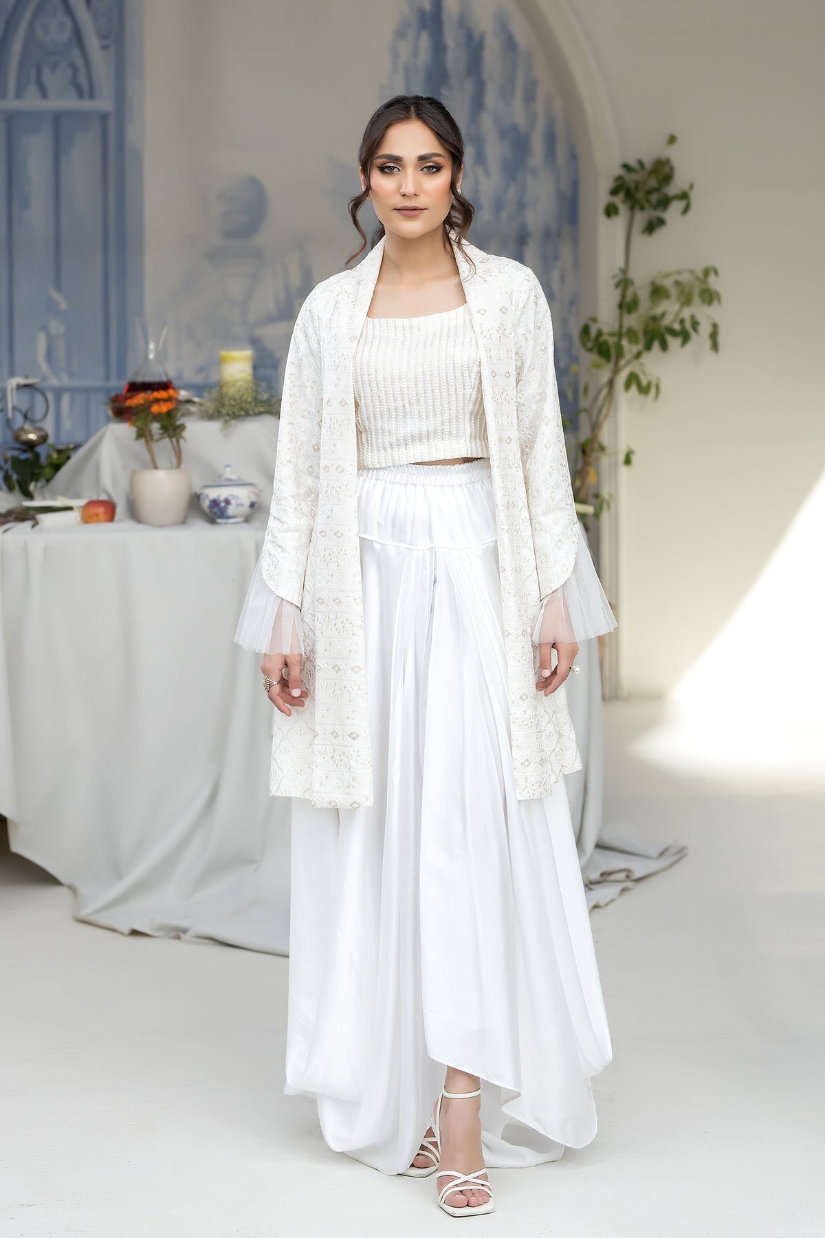 Pakistani Ivory Tilla Embroidered Raw Silk Jacket & Skirt (3-Piece) - Image 1