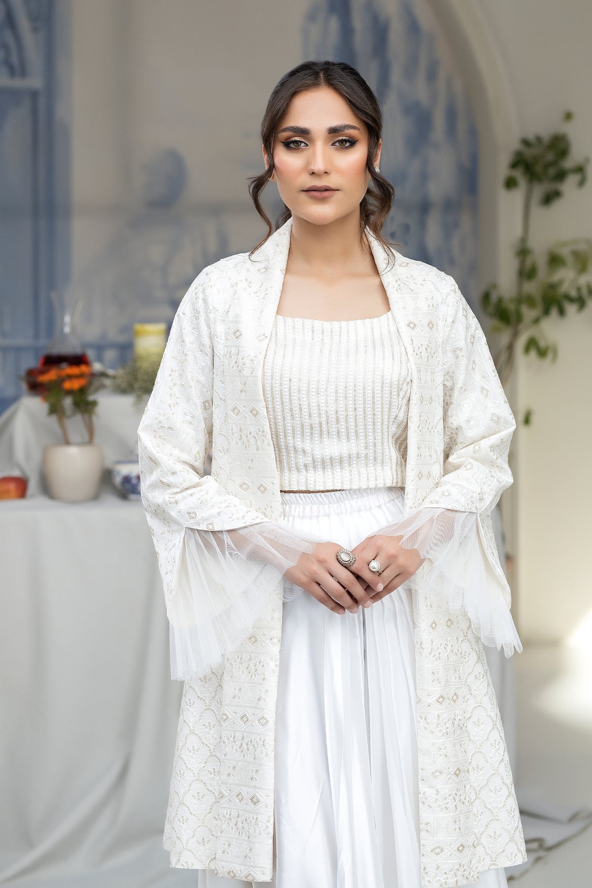 Pakistani Ivory Tilla Embroidered Raw Silk Jacket & Skirt (3-Piece) - Image 4