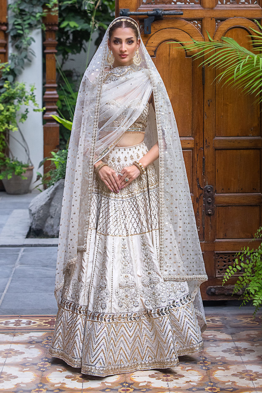 Ivory Zardozi Raw Silk Bridal Lehnga Choli (3-Piece) - Image 1