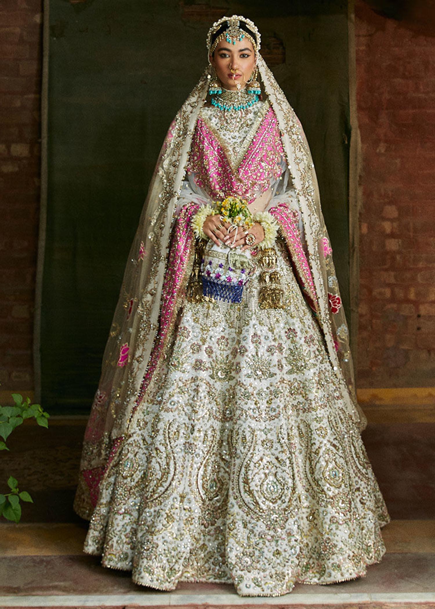 Pearl White Embellished Raw Silk Bridal Lehenga (3-Piece) - Image 1