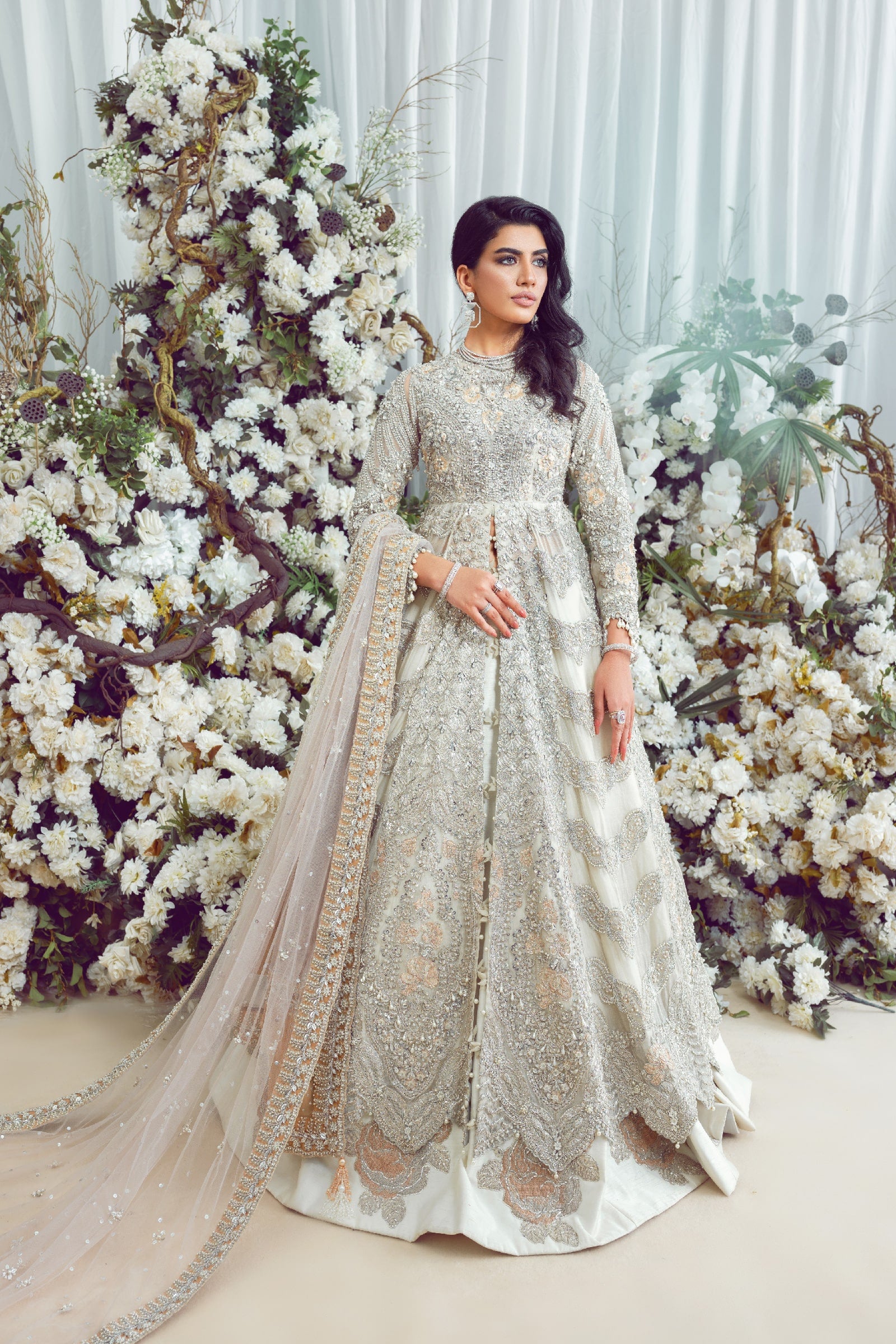 Eggshell Embellished Net Gown with Silk Lehenga (3-Piece) - Image 1