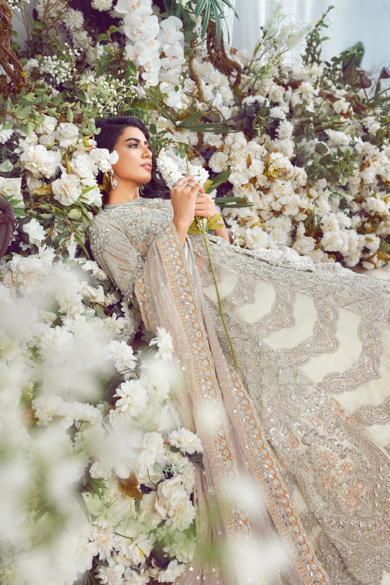 Eggshell Embellished Net Gown with Silk Lehenga (3-Piece) - Image 10