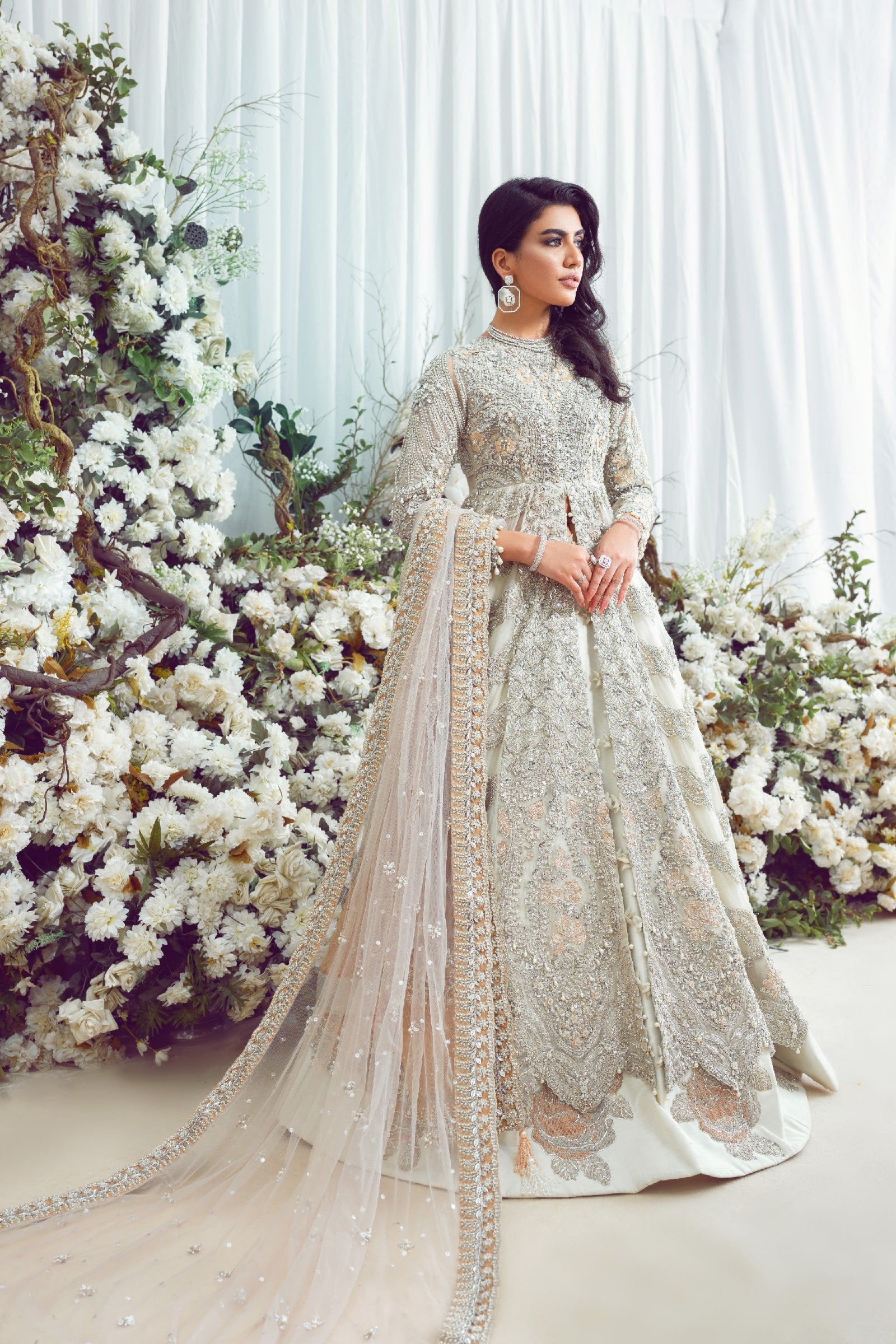 Eggshell Embellished Net Gown with Silk Lehenga (3-Piece) - Image 2