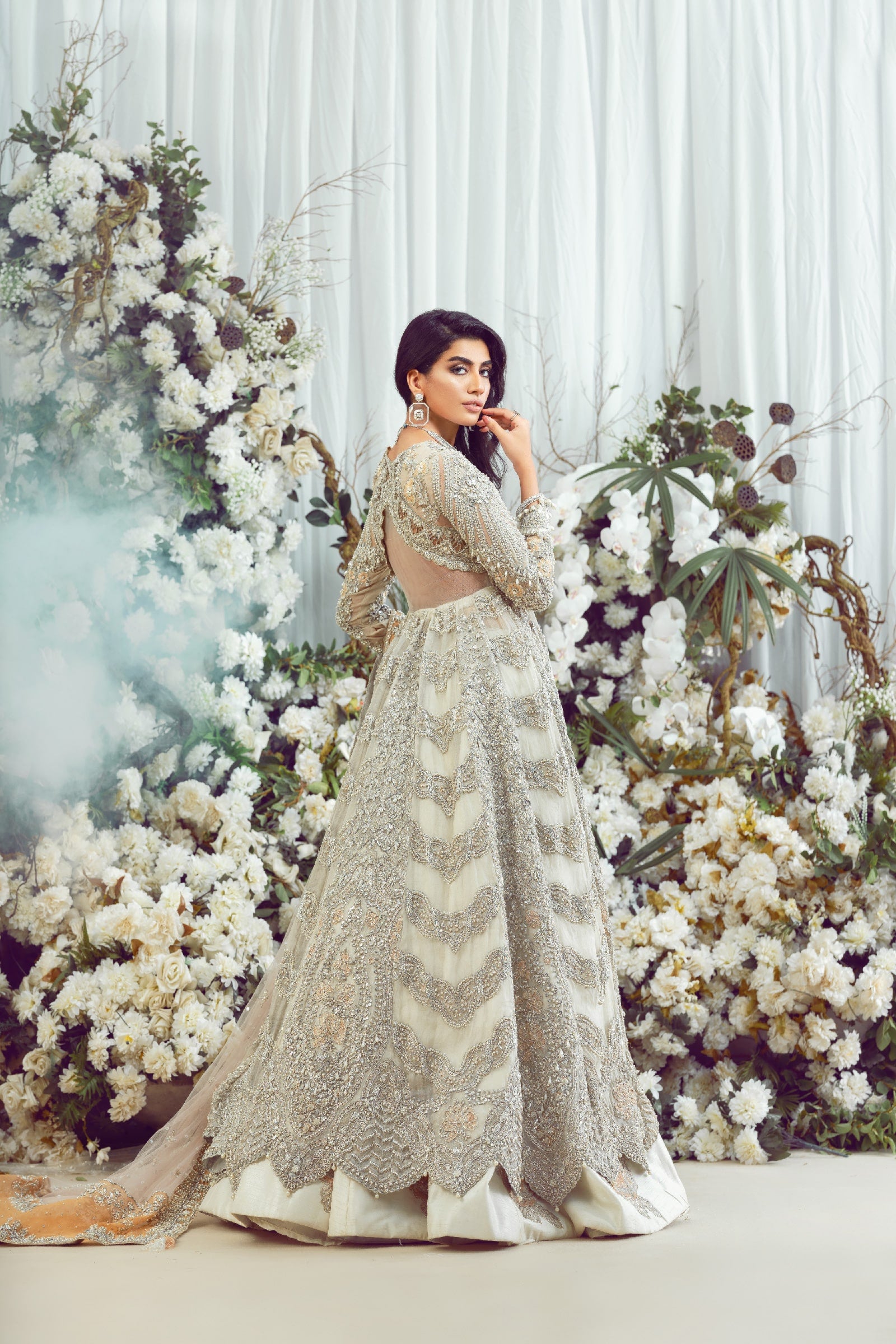 Eggshell Embellished Net Gown with Silk Lehenga (3-Piece) - Image 3