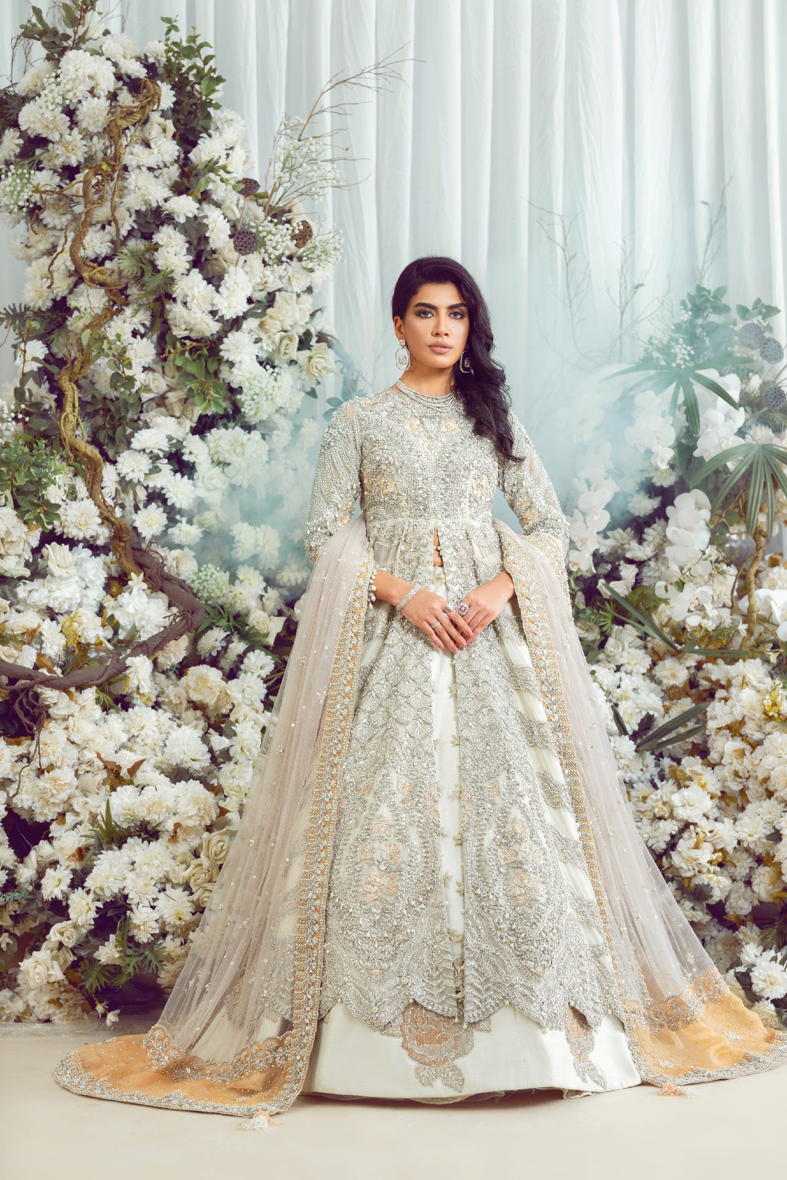 Eggshell Embellished Net Gown with Silk Lehenga (3-Piece) - Image 4