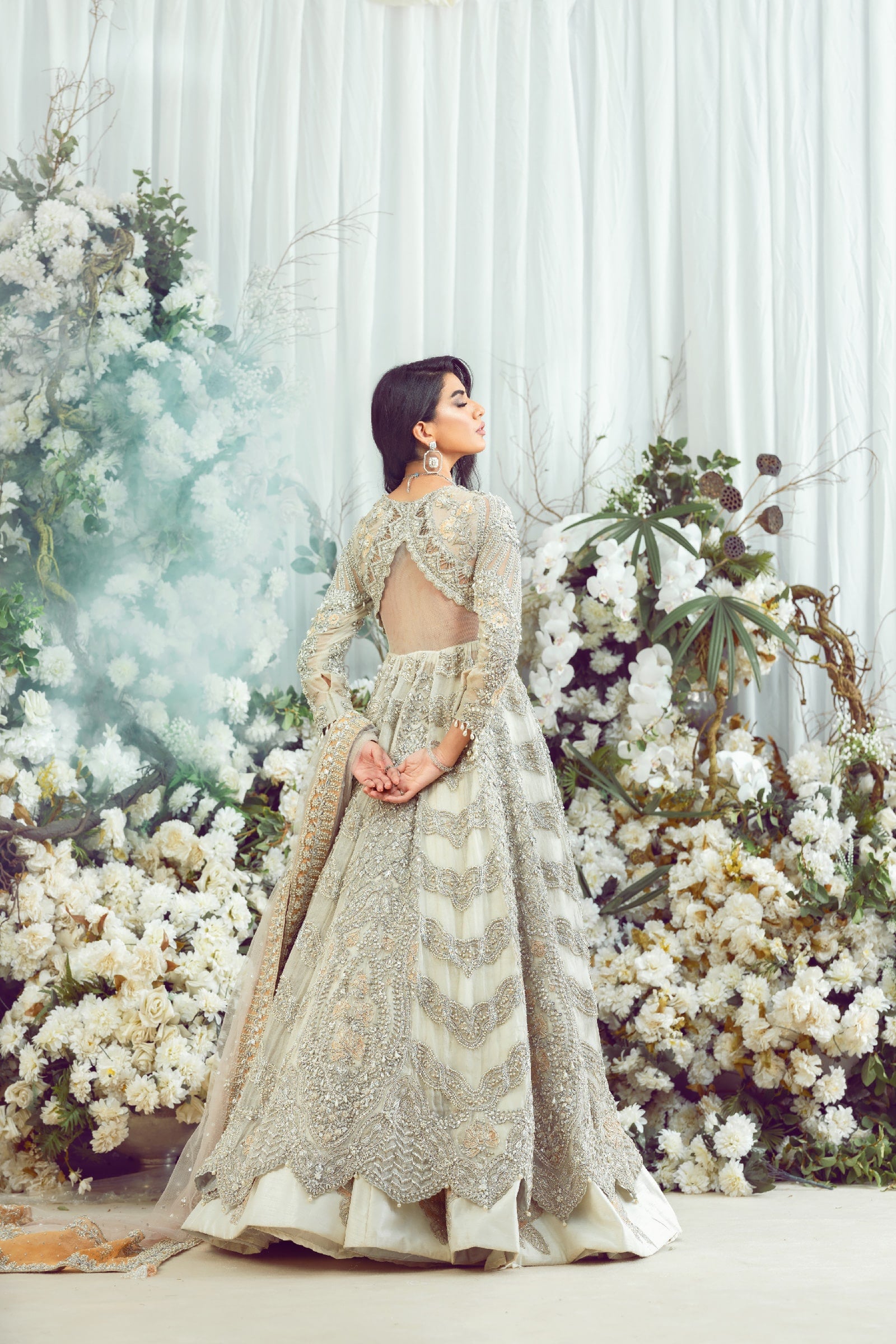 Eggshell Embellished Net Gown with Silk Lehenga (3-Piece) - Image 5