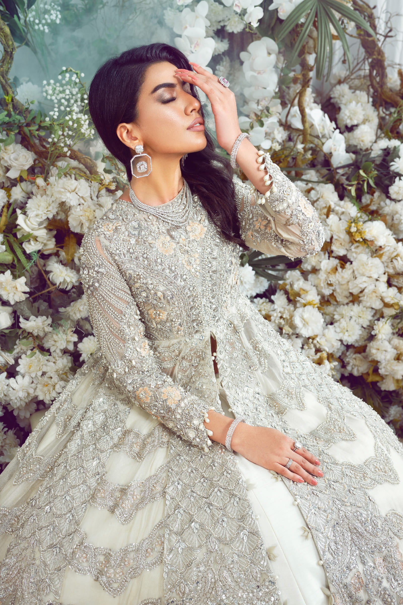 Eggshell Embellished Net Gown with Silk Lehenga (3-Piece) - Image 6