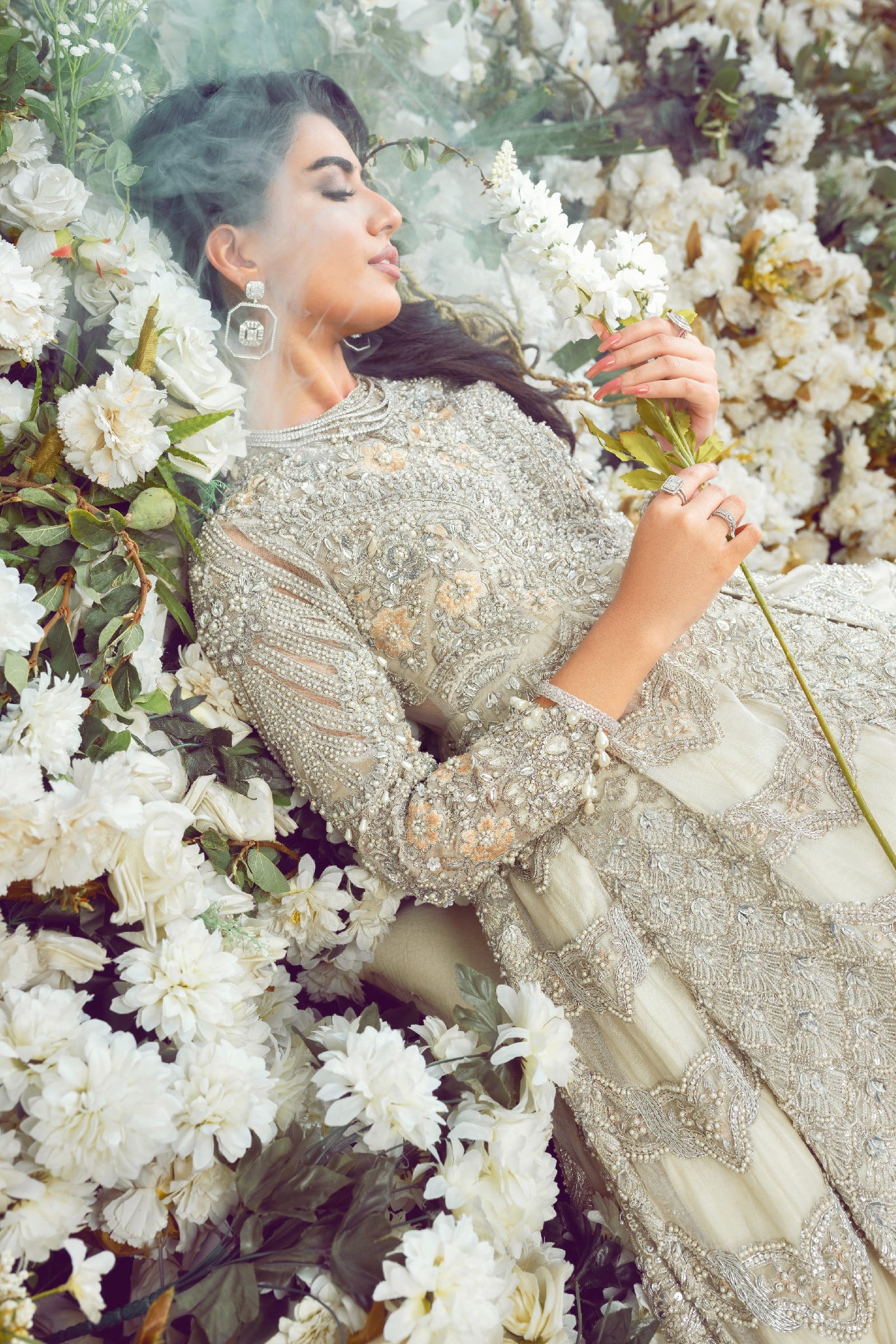 Eggshell Embellished Net Gown with Silk Lehenga (3-Piece) - Image 7