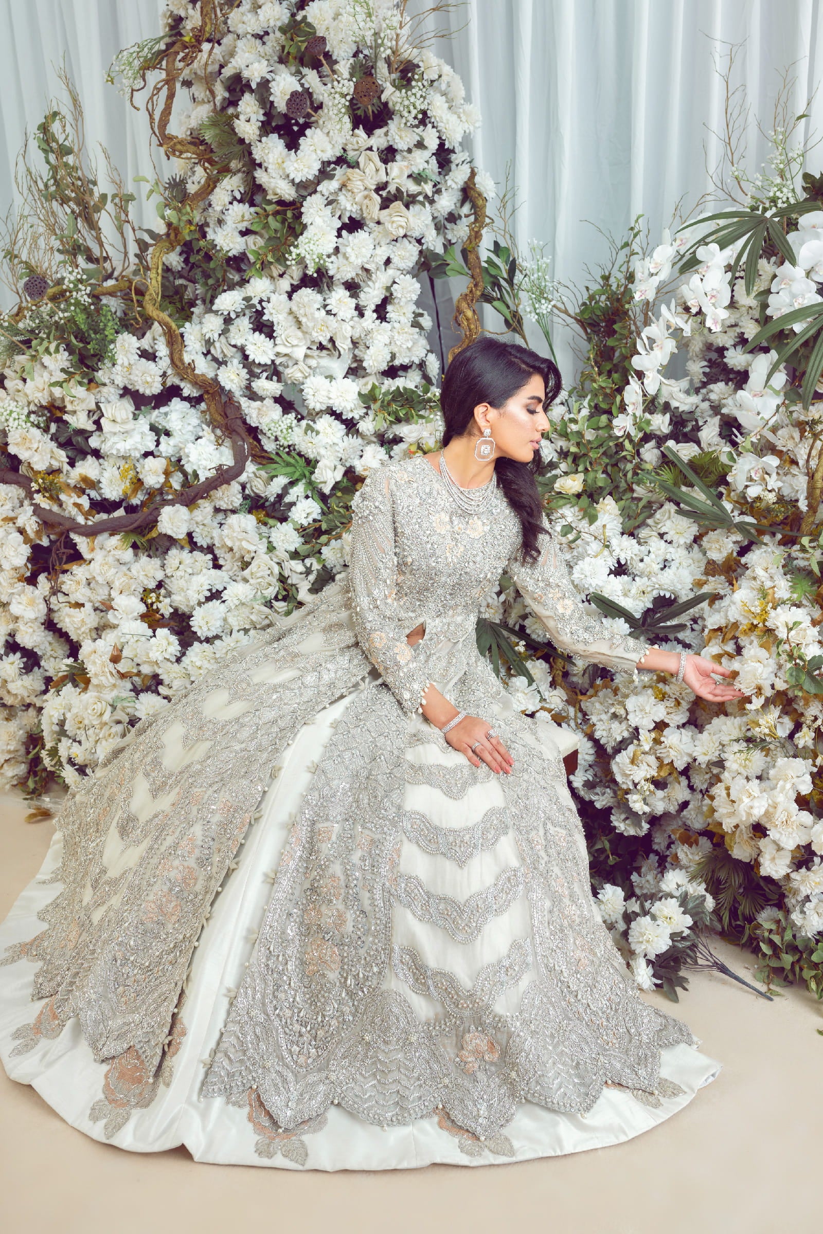 Eggshell Embellished Net Gown with Silk Lehenga (3-Piece) - Image 8