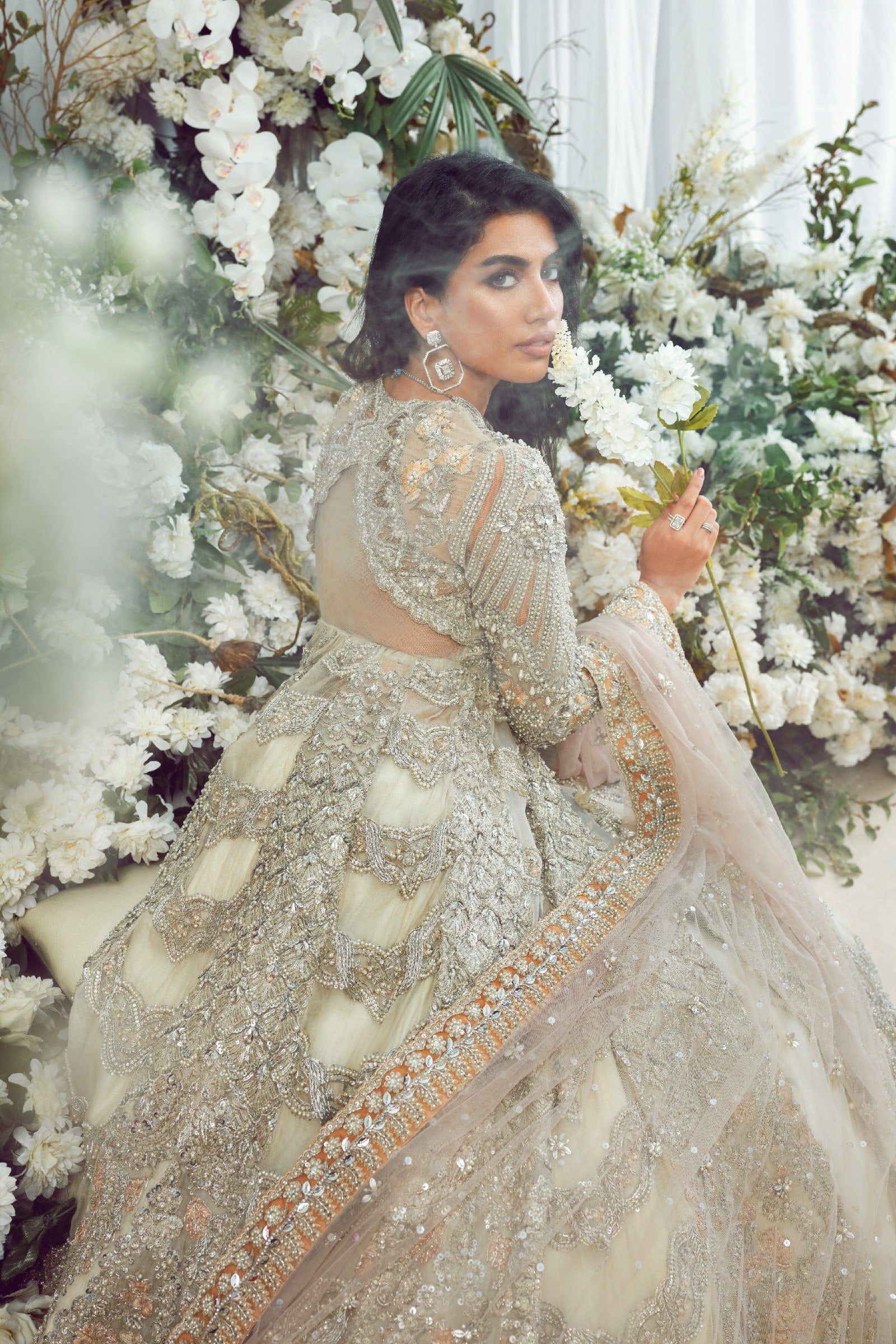 Eggshell Embellished Net Gown with Silk Lehenga (3-Piece) - Image 9