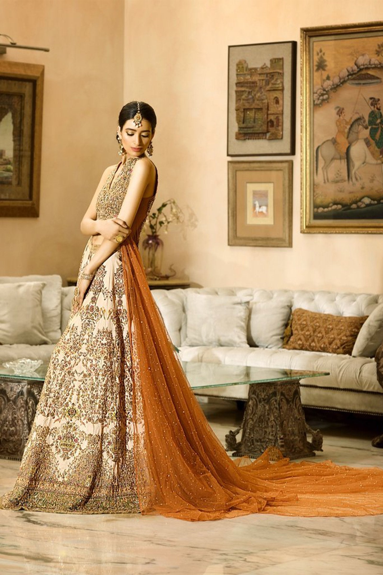 Pakistani Ivory Zardozi Raw Silk & Net Bridal Lehenga (3-Piece) - Image 4