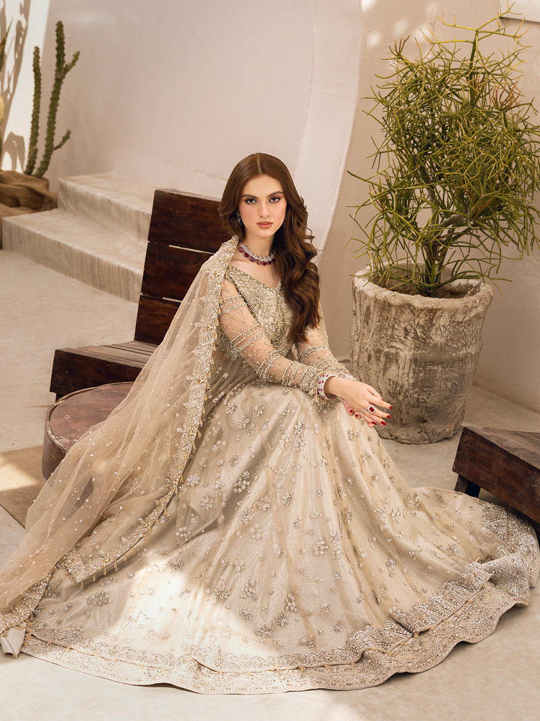 Pakistani Ivory Hand-Embellished Net and Raw Silk Bridal Lehenga (3-Piece) - Image 1