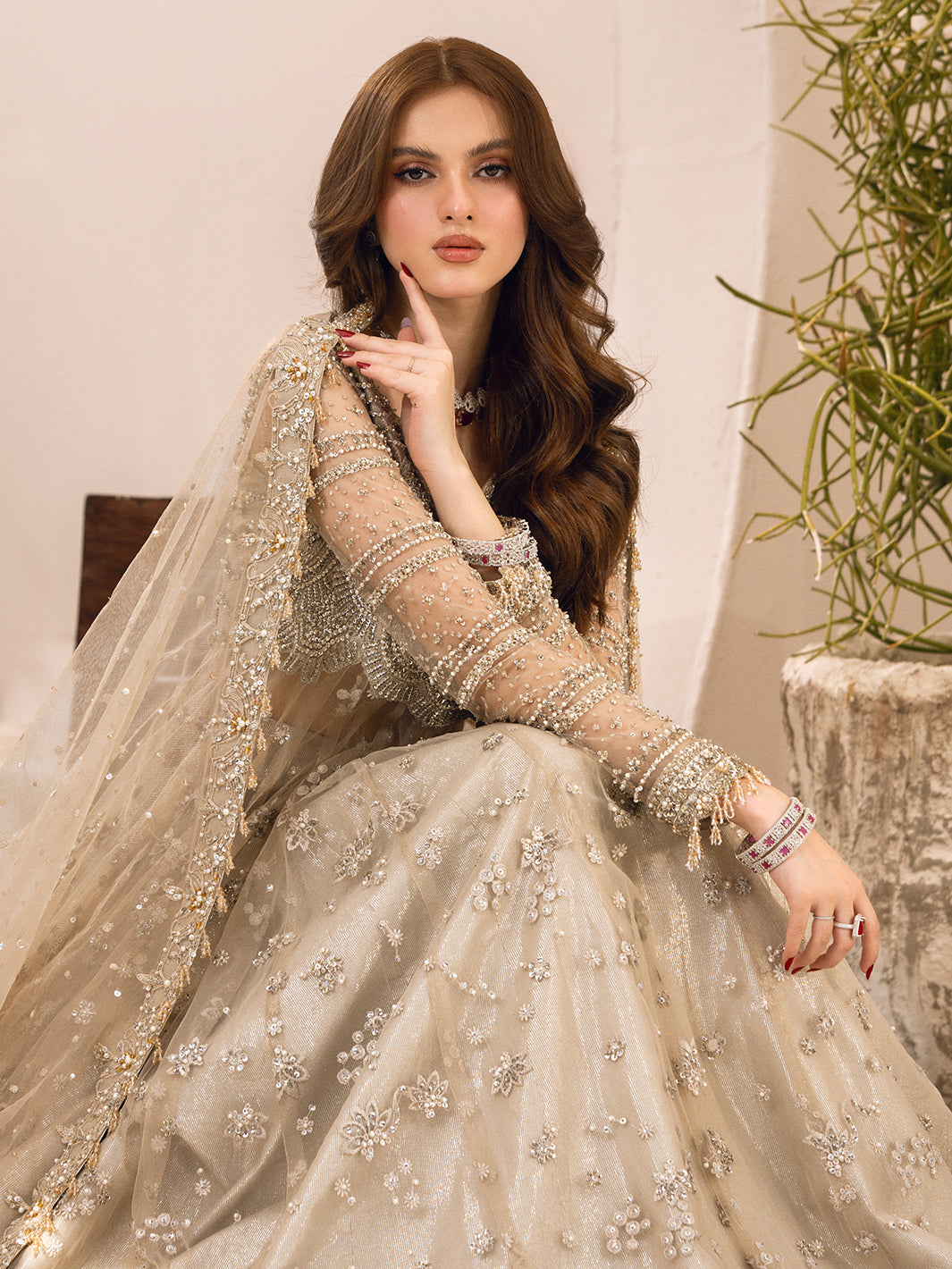 Pakistani Ivory Hand-Embellished Net and Raw Silk Bridal Lehenga (3-Piece) - Image 12