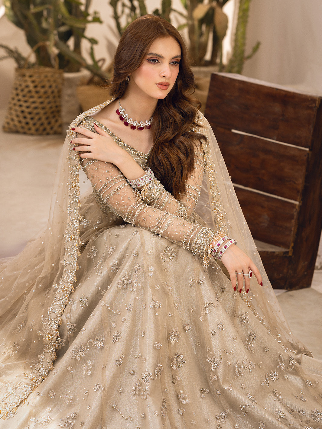 Pakistani Ivory Hand-Embellished Net and Raw Silk Bridal Lehenga (3-Piece) - Image 13