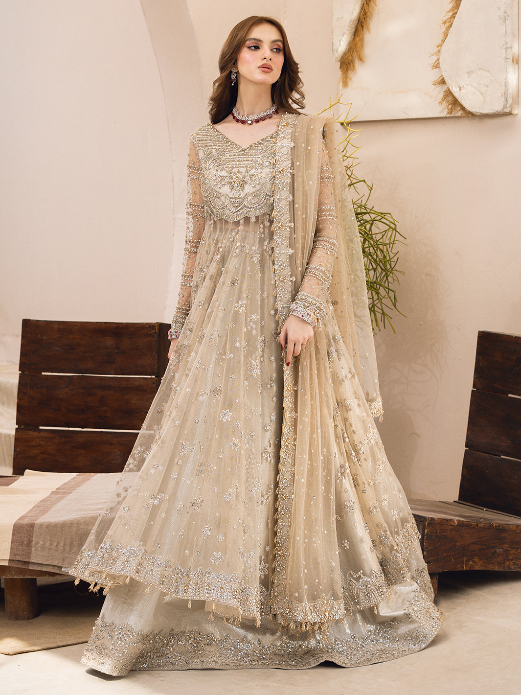 Pakistani Ivory Hand-Embellished Net and Raw Silk Bridal Lehenga (3-Piece) - Image 2