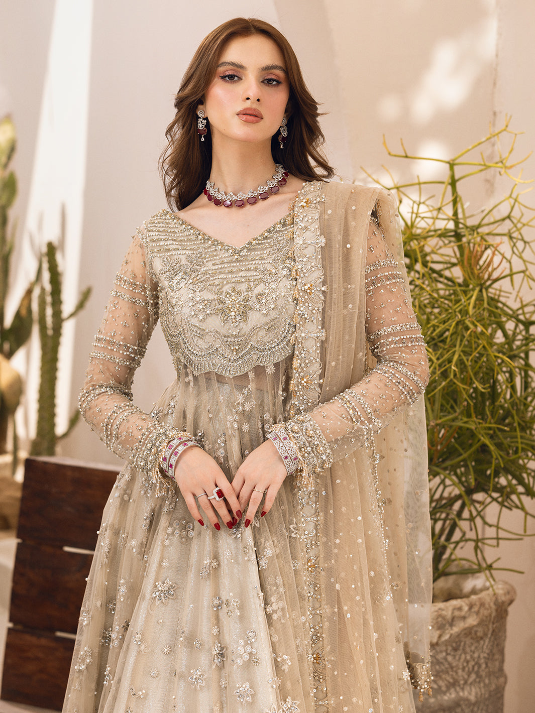 Pakistani Ivory Hand-Embellished Net and Raw Silk Bridal Lehenga (3-Piece) - Image 3