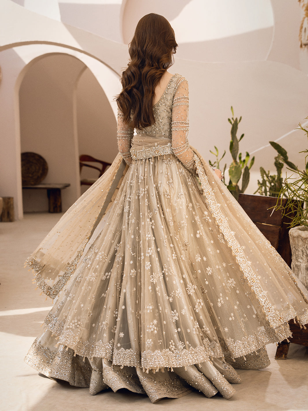 Pakistani Ivory Hand-Embellished Net and Raw Silk Bridal Lehenga (3-Piece) - Image 4