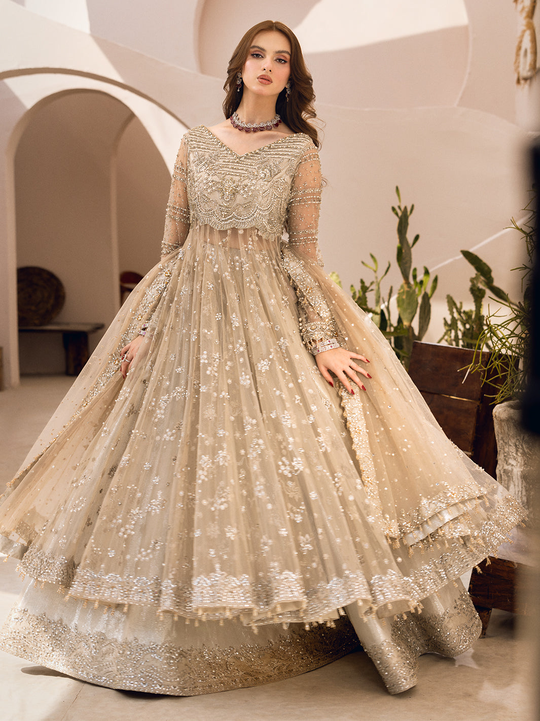 Pakistani Ivory Hand-Embellished Net and Raw Silk Bridal Lehenga (3-Piece) - Image 5