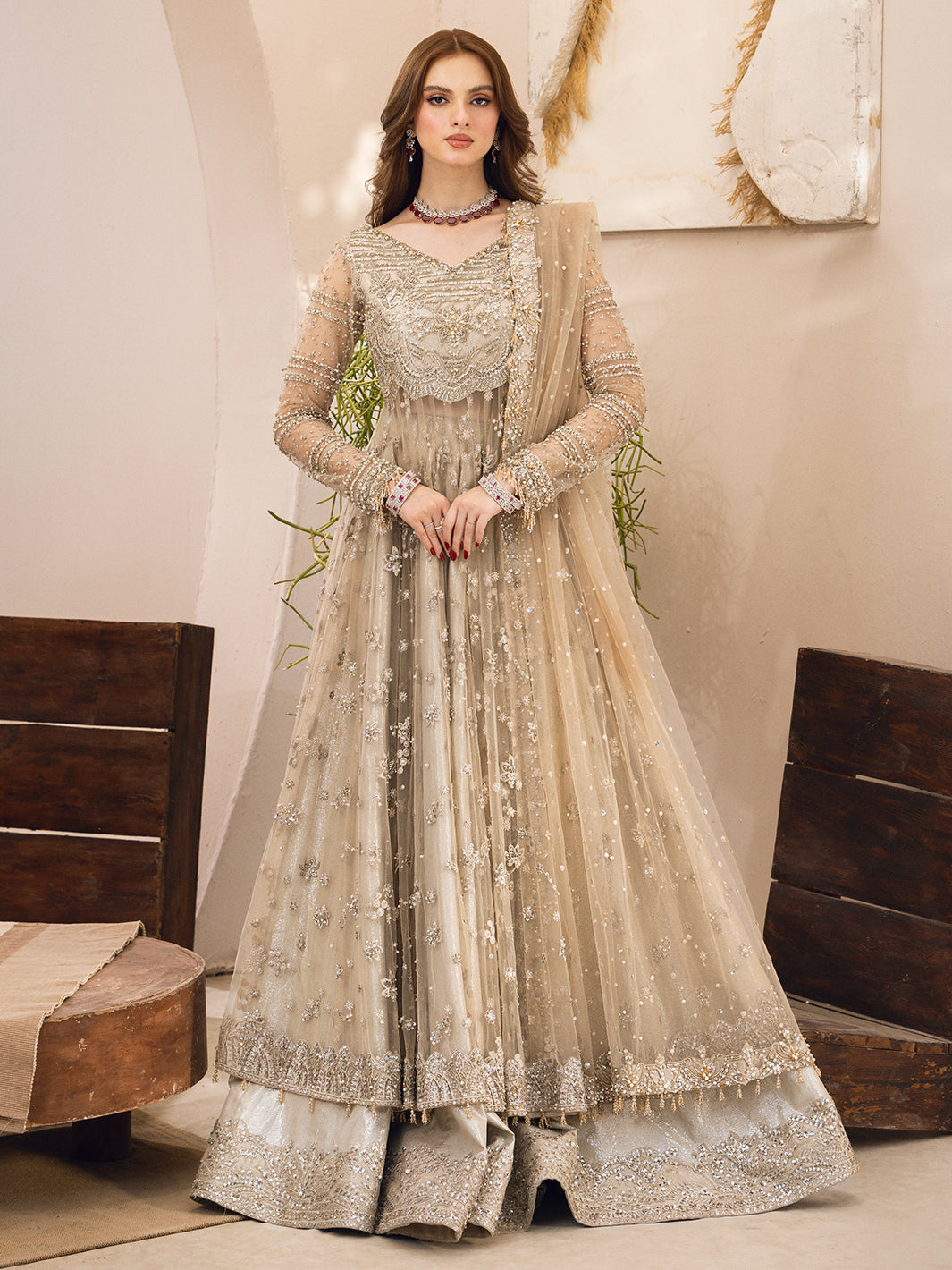 Pakistani Ivory Hand-Embellished Net and Raw Silk Bridal Lehenga (3-Piece) - Image 6