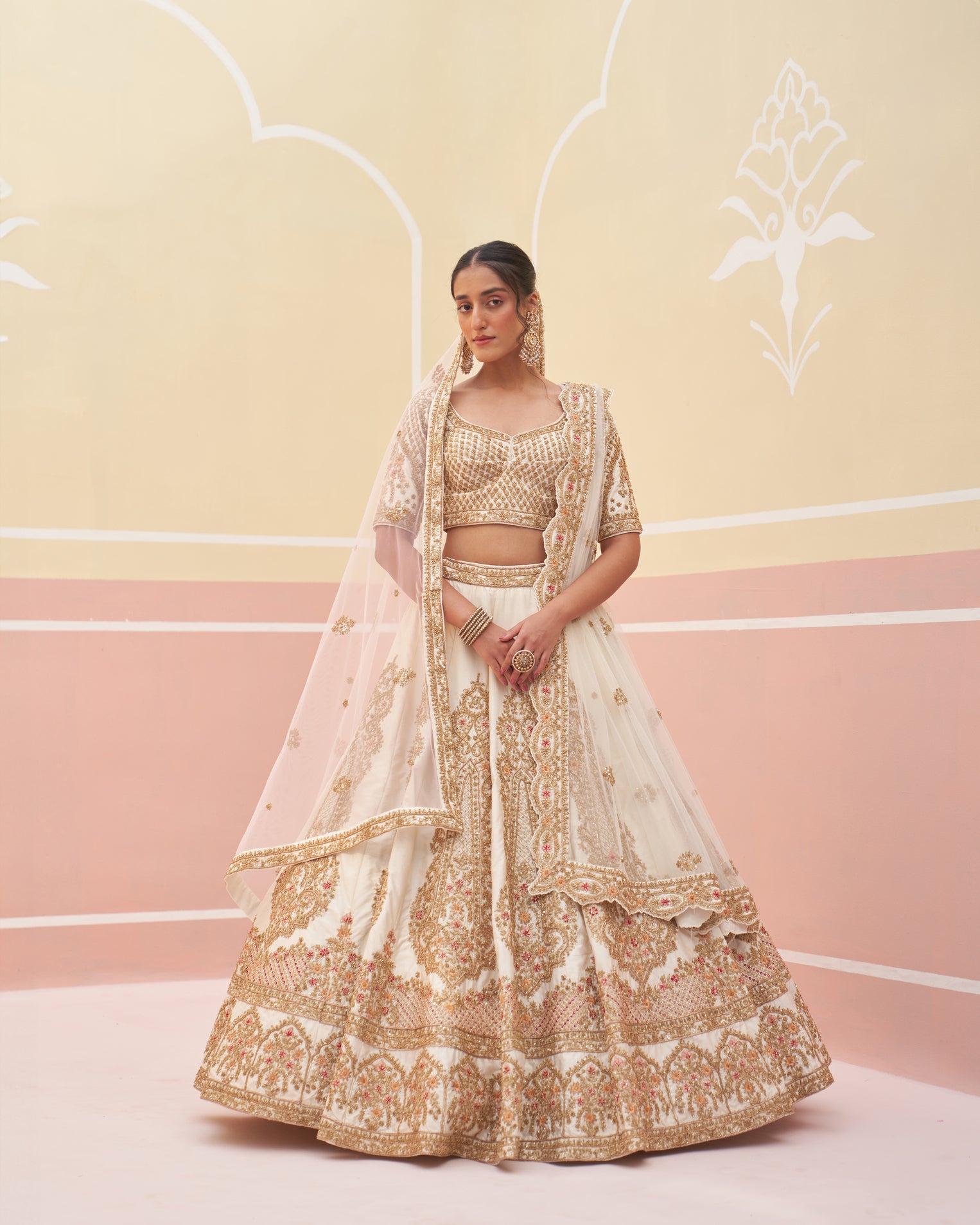 Indian Ivory Hand Embroidered Raw Silk Lehenga (3-Piece) - Image 10