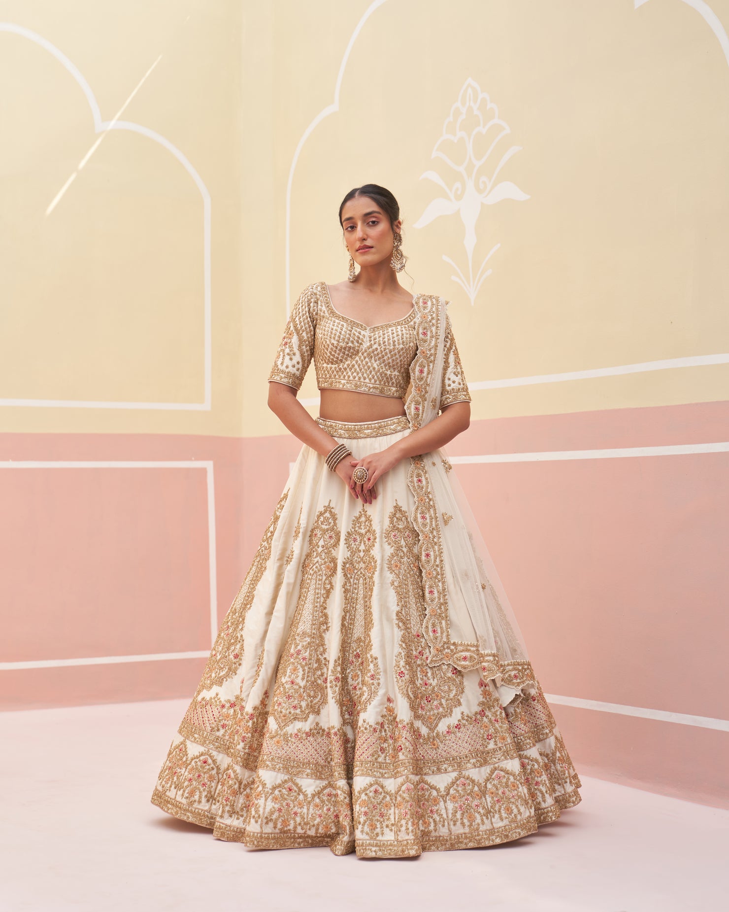 Indian Ivory Hand Embroidered Raw Silk Lehenga (3-Piece) - Image 2
