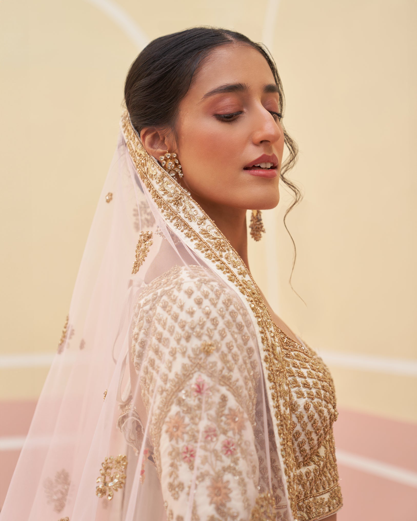 Indian Ivory Hand Embroidered Raw Silk Lehenga (3-Piece) - Image 3