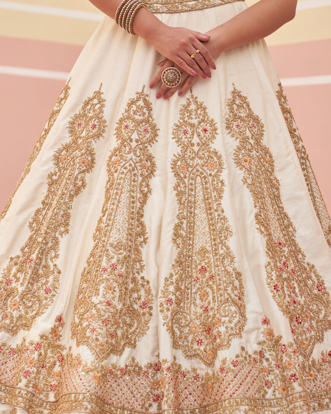 Indian Ivory Hand Embroidered Raw Silk Lehenga (3-Piece) - Image 4