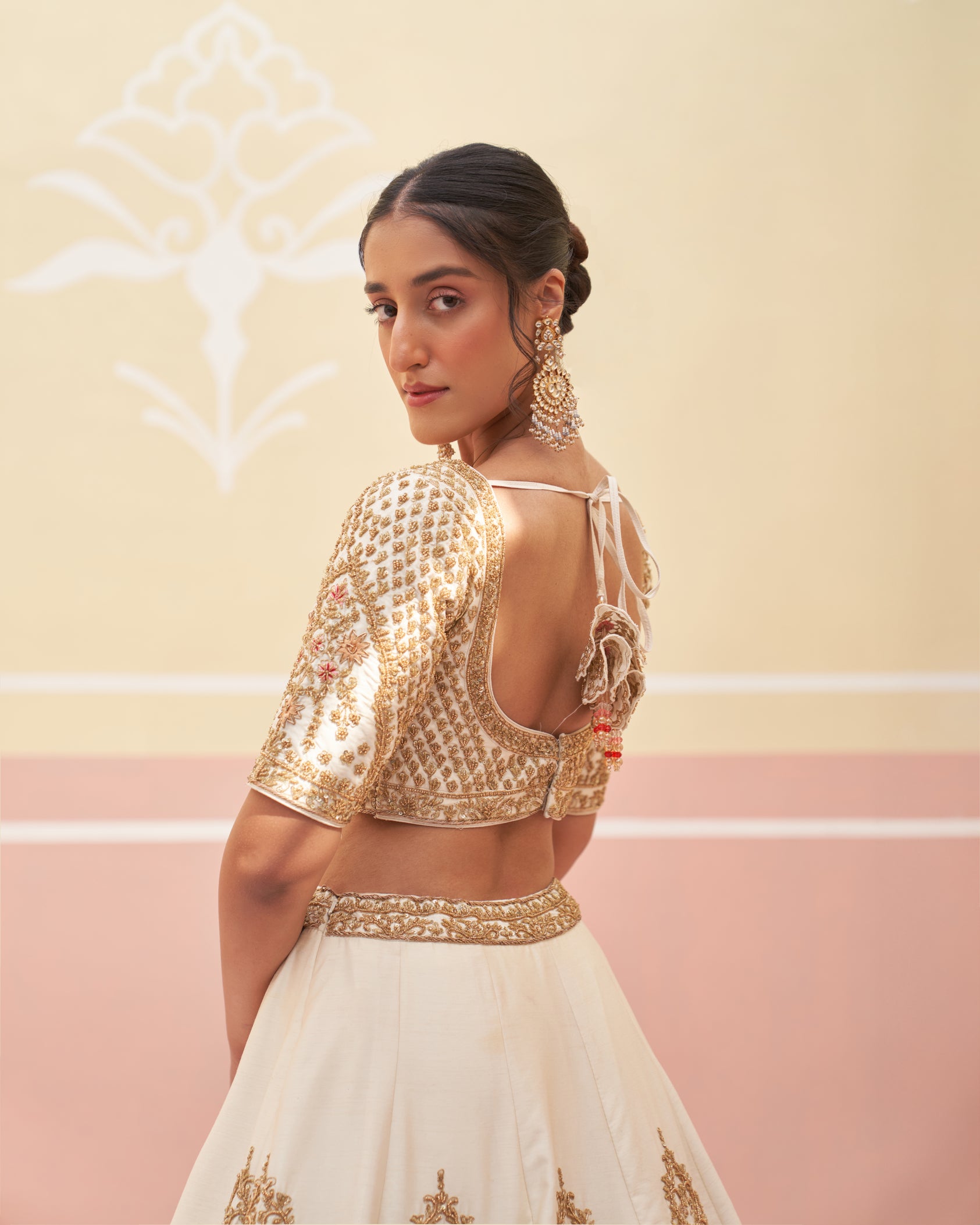 Indian Ivory Hand Embroidered Raw Silk Lehenga (3-Piece) - Image 5