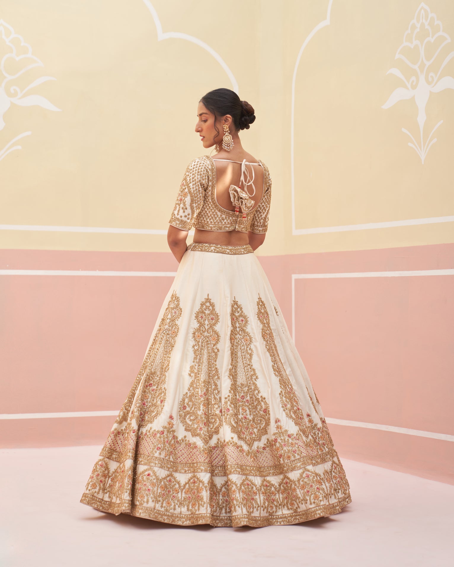Indian Ivory Hand Embroidered Raw Silk Lehenga (3-Piece) - Image 6