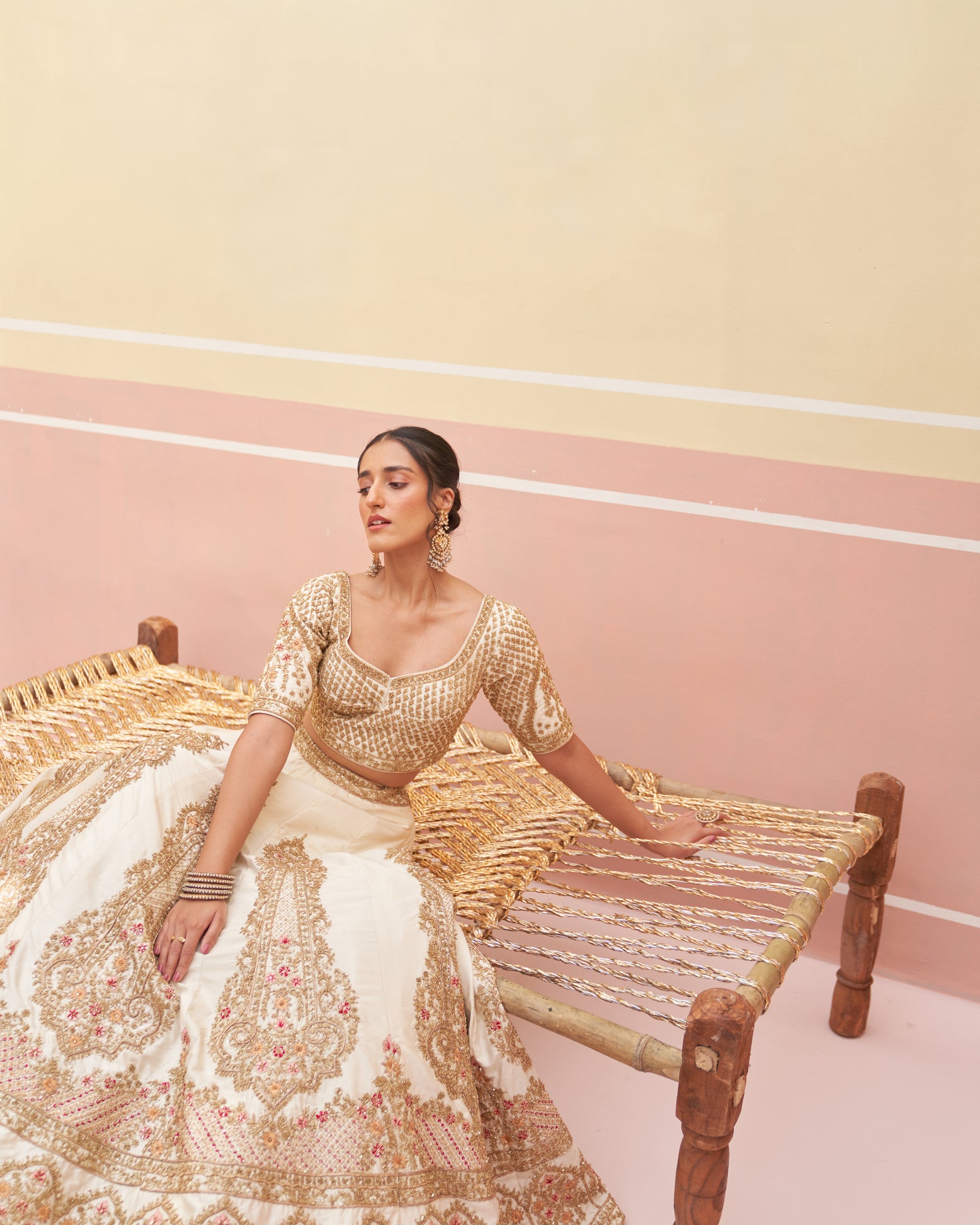 Indian Ivory Hand Embroidered Raw Silk Lehenga (3-Piece) - Image 8